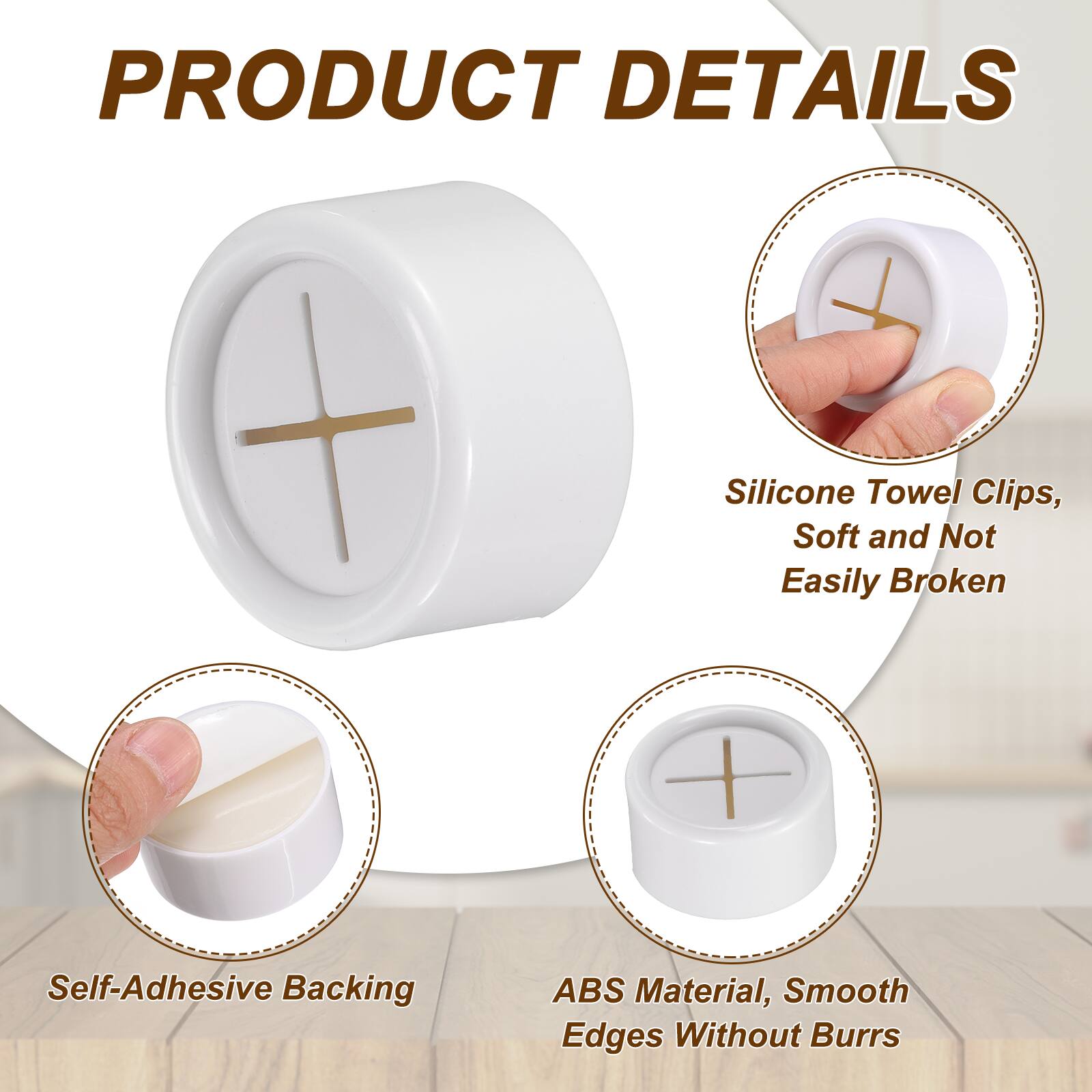 PRODUCT DETAILS

- Silicone Towel Clips, Soft and Not Easily Broken
- Self-Adhesive Backing
- ABS Material, Smooth Edges Without Burrs