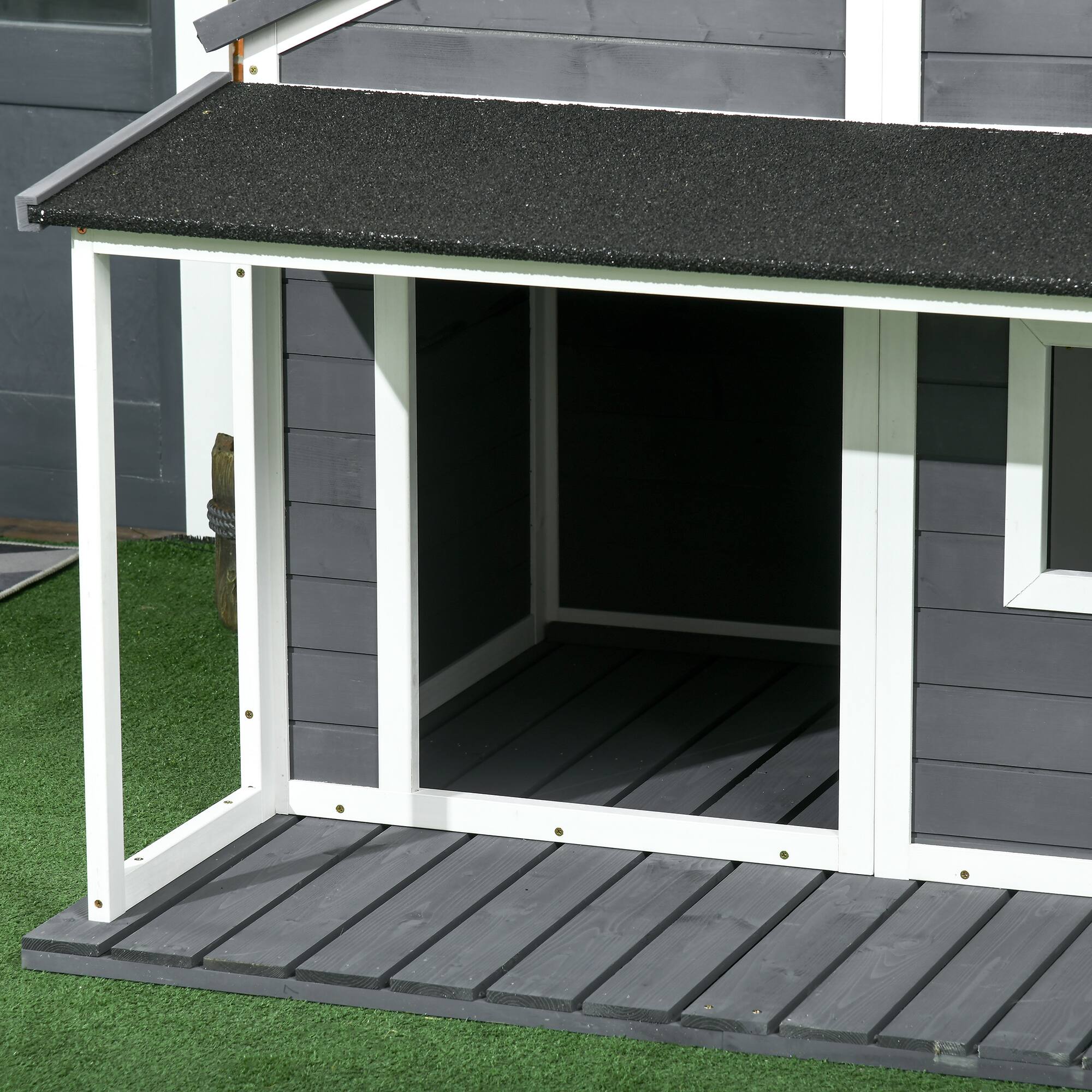 Alt View 5. Pawhut - Outdoor Dog House Cabin Style, Wooden Raised Pet Kennel with Asphalt Roof, Front Door, Side Window, Porch.