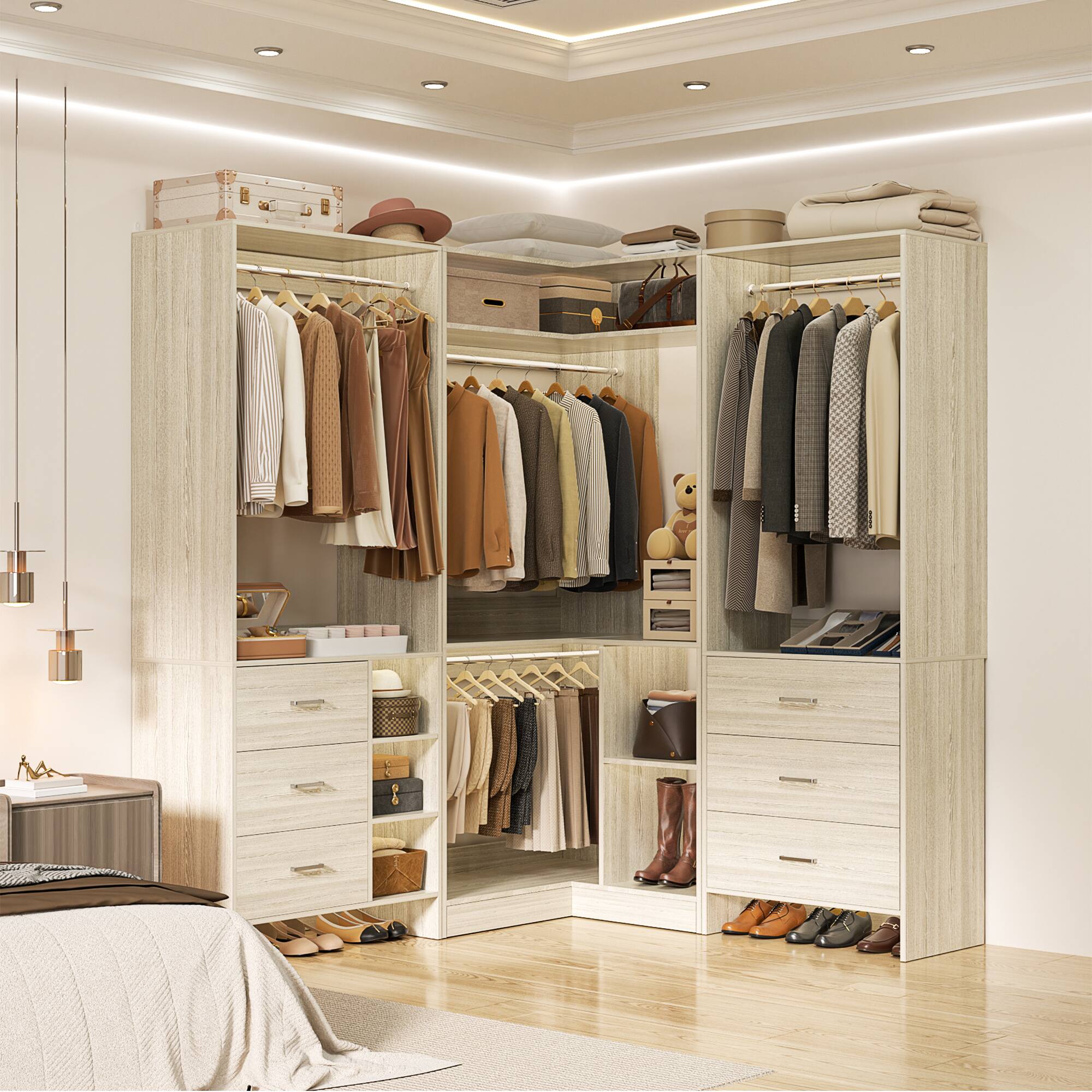 Alt View 5. Aheaplus - L Shaped Closet System with 4 Drawers, 4 Hanging Rods, and Corner Tower, 80.9'' Corner Wardrobe System, Reversible - Beige Oak.