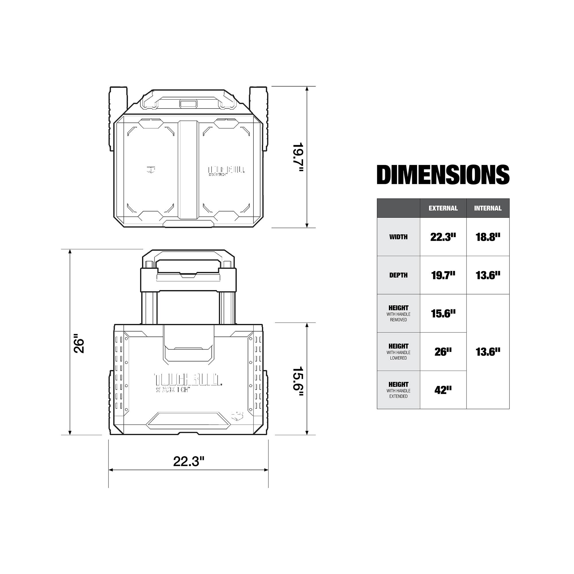 DIMENSIONS

EXTERNAL | INTERNAL
--- | ---
WIDTH | 22.3" | 18.8"
DEPTH | 19.7" | 13.6"
HEIGHT REMOVED | 15.6"
HEIGHT WITH HANDLE LOWERED | 26" | 13.6"
HEIGHT WITH HANDLE EXTENDED | 42"