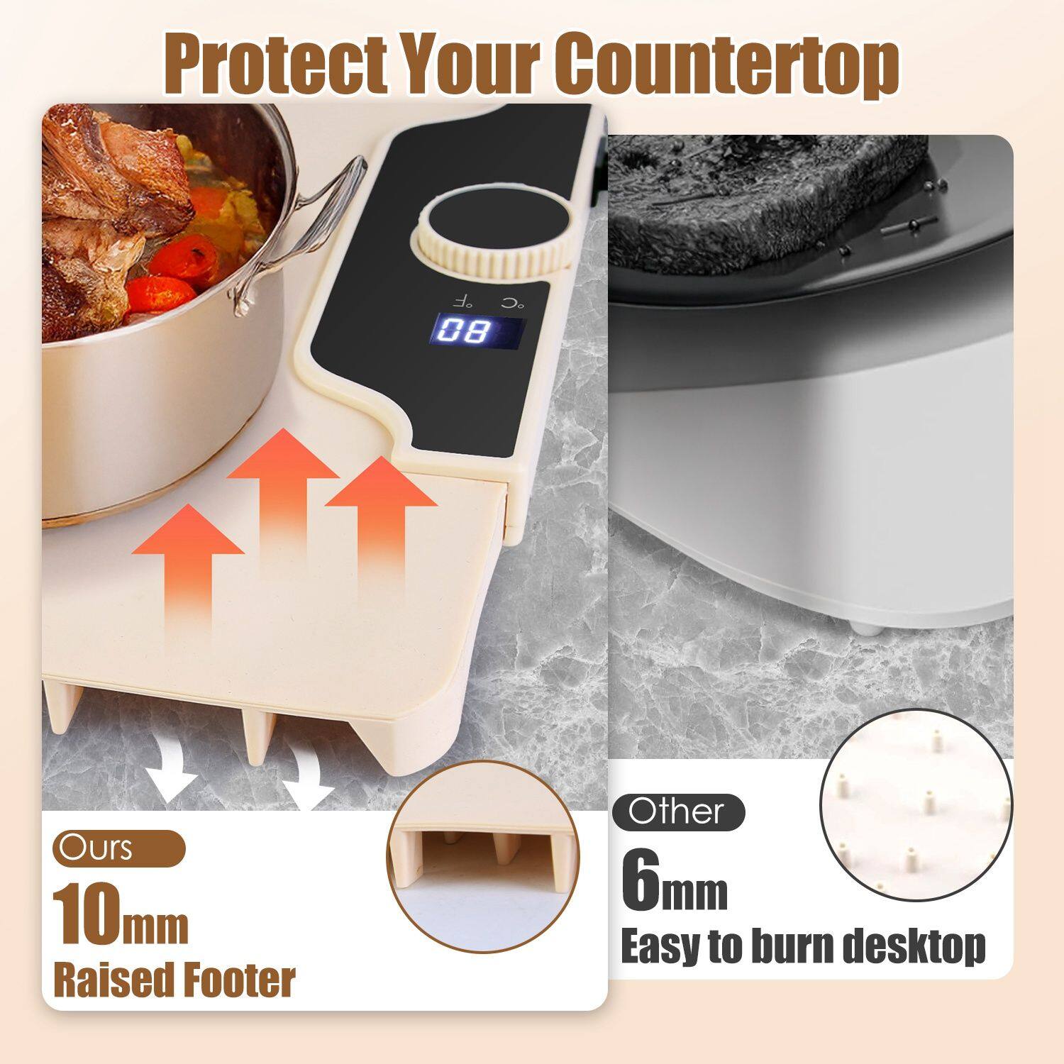 Protect Your Countertop

Ours
10mm Raised Footer

Other
6mm Easy to burn desktop