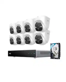 eufy - PoE NVR E41, 8×4K Turret Cams, 24/7 Recording, Up to 16CH, 2TB HDD, 122° FOV, Color Night Vision, AI Detection, Strobe - white + black + silver