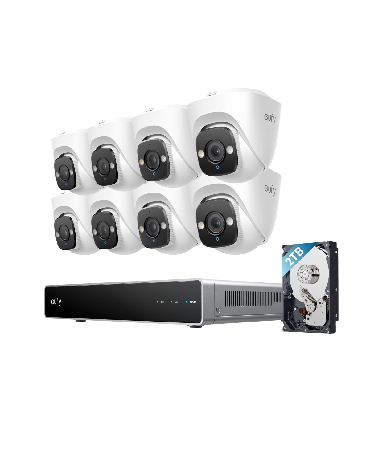 eufy - PoE NVR E41, 8×4K Turret Cams, 24/7 Recording, Up to 16CH, 2TB HDD, 122° FOV, Color Night Vision, AI Detection, Strobe - white + black + silver