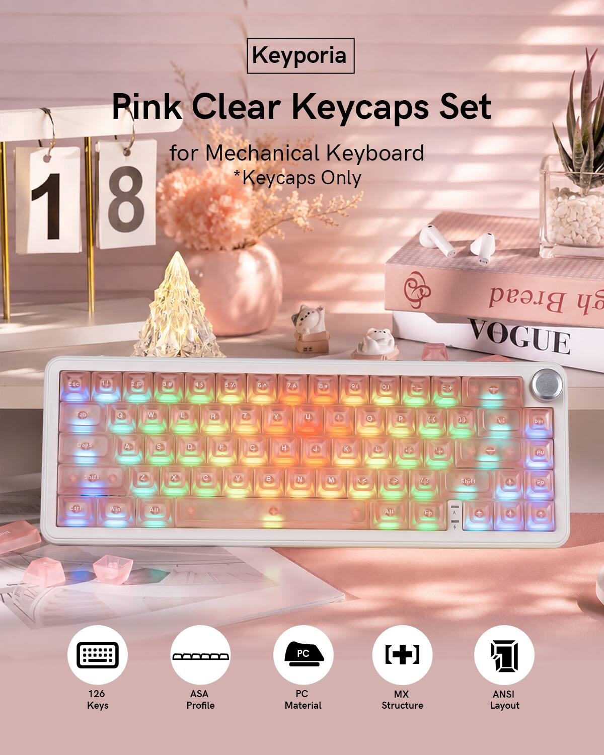 1 S Keyporia Pink Clear Keycaps Set for Mechanical Keyboard *Keycaps Only 8 Bread o VOGUE 14 2 2 a Da 4S 6 5 SA 74 e 9 OJ 2 + ab Q W E R T Y U I O P LA 4 M bye COP A S D F G H J K L LA F sEIFT 2 X 4 V N M 1 S 1.7 shift 4 PD Ce Win Alt Air + Fre PC 126 Keys ASA Profile PC Material MX Structure ANSI Layout
