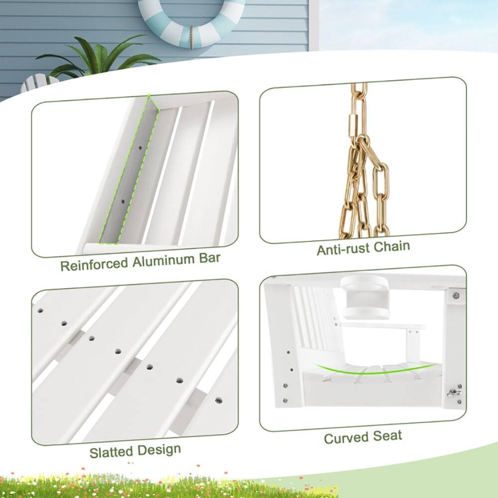 - Reinforced Aluminum Bar
- Anti-rust Chain
- Slatted Design
- Curved Seat