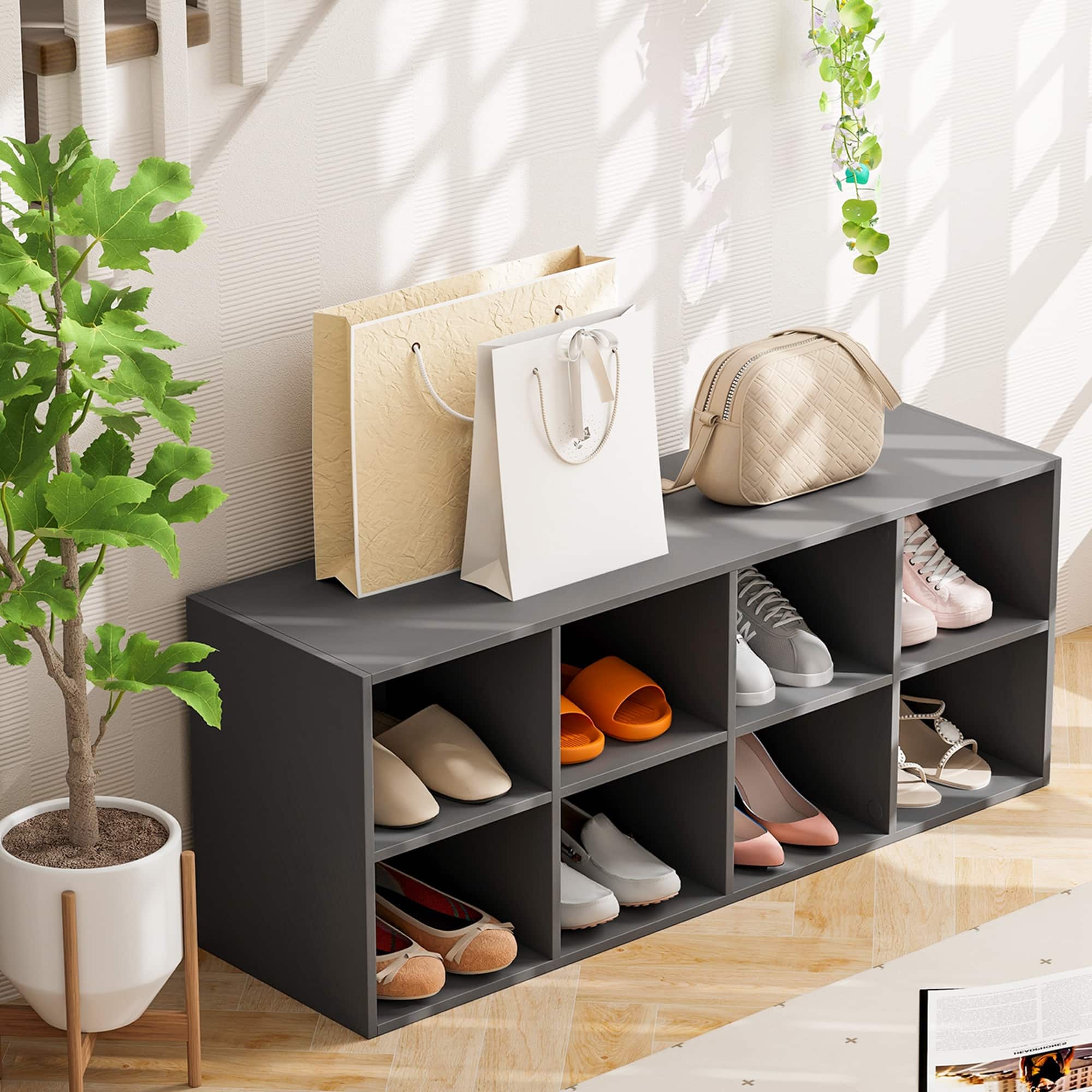 Alt View 15. Costway - 8 Cubbies Shoe Bench with 500 LBS Weight Capacity Cubby Shoe Rack Storage Cabinet Grey - Grey.
