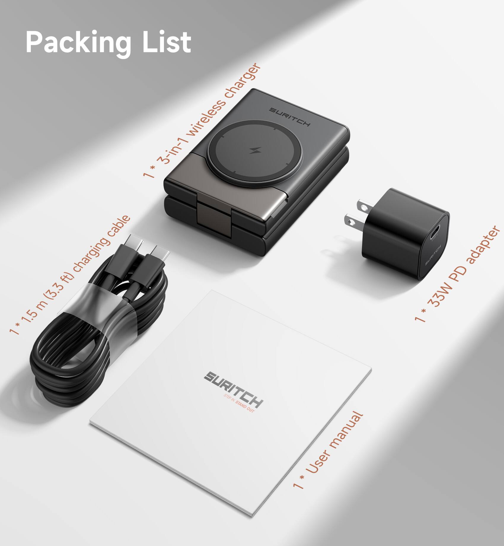 Packing List

- 1 * 3-in-1 wireless charger
- 1 * 1.5 m (3.3 ft) charging cable
- 1 * 33W PD adapter
- 1 * User manual
