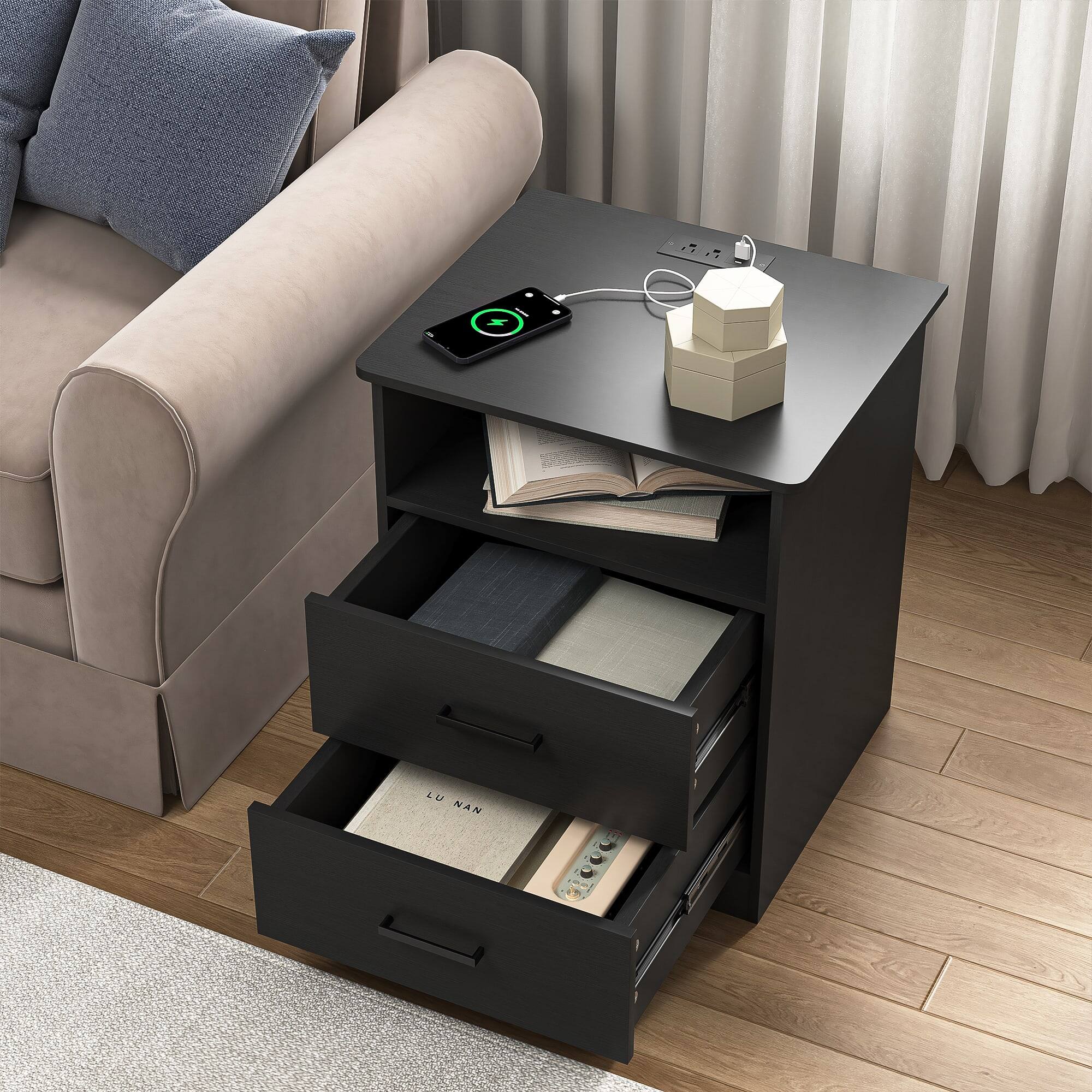 Alt View 1. Kadyn - Wood Nightstand With Charging Station, Bedside Table With 2 Drawers, Bedroom Nightstand - Black.
