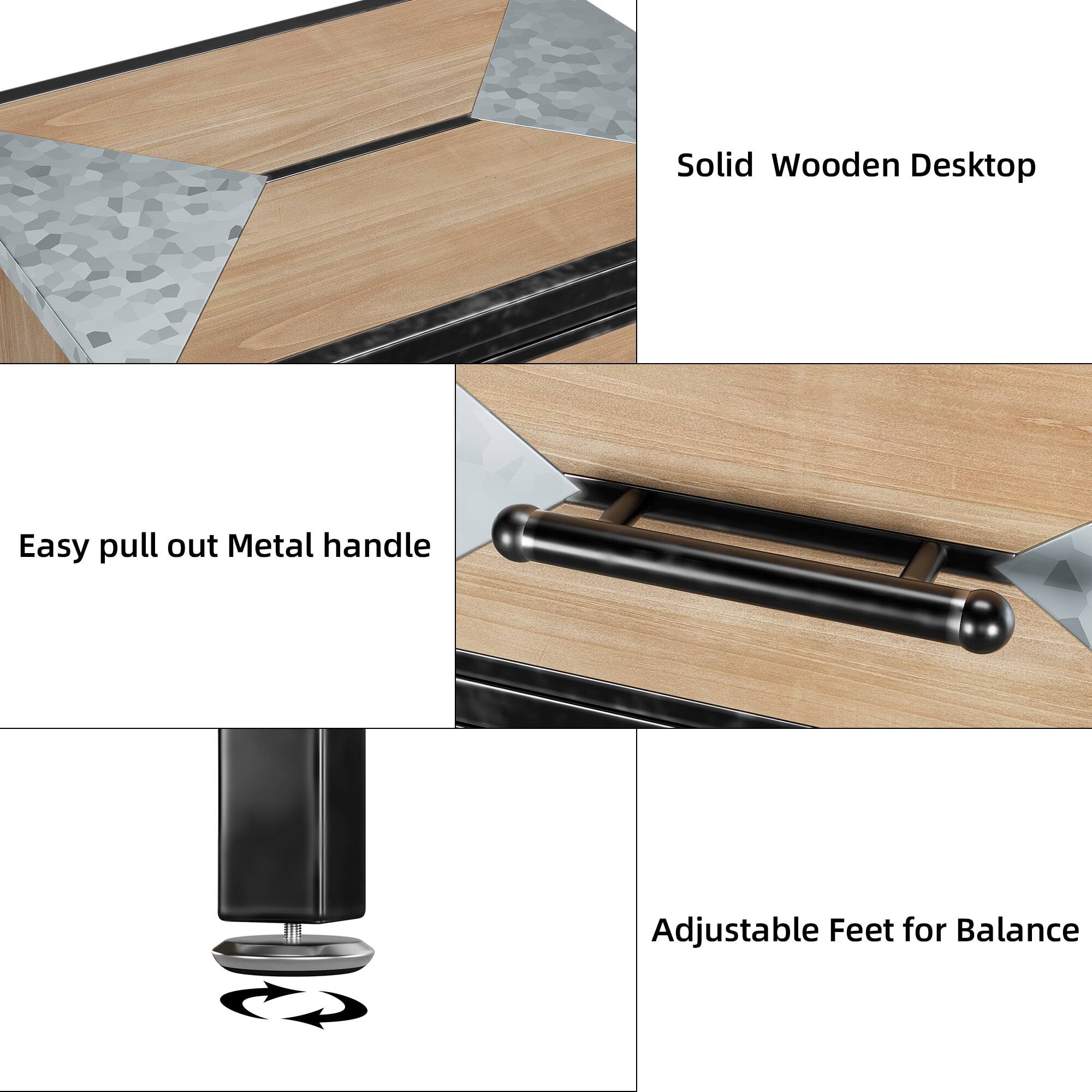 - Solid Wooden Desktop
- Easy pull out Metal handle
- Adjustable Feet for Balance