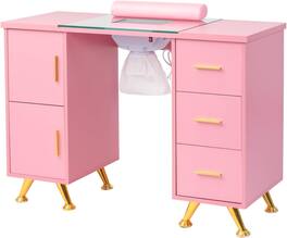 Winado - Professional Manicure Table Nail Desk with Built-in Dust Collector & Glass Top & Side Cabinet for Salon Nail Technicians - Pink