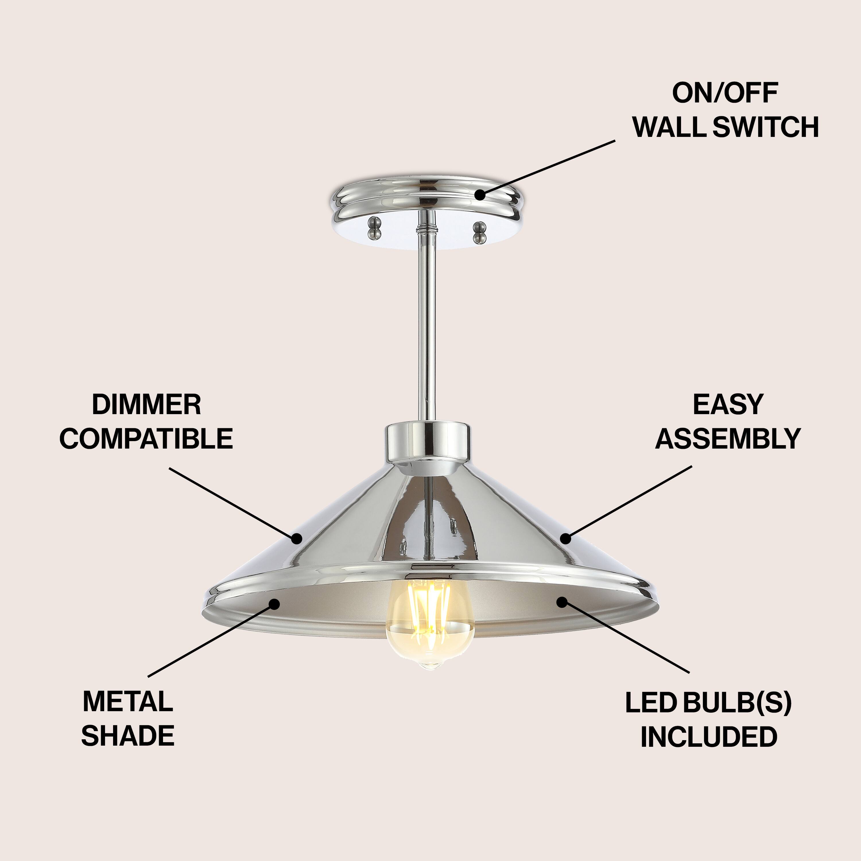 - ON/OFF WALL SWITCH
- DIMMER COMPATIBLE
- EASY ASSEMBLY
- METAL SHADE
- LED BULB(S) INCLUDED