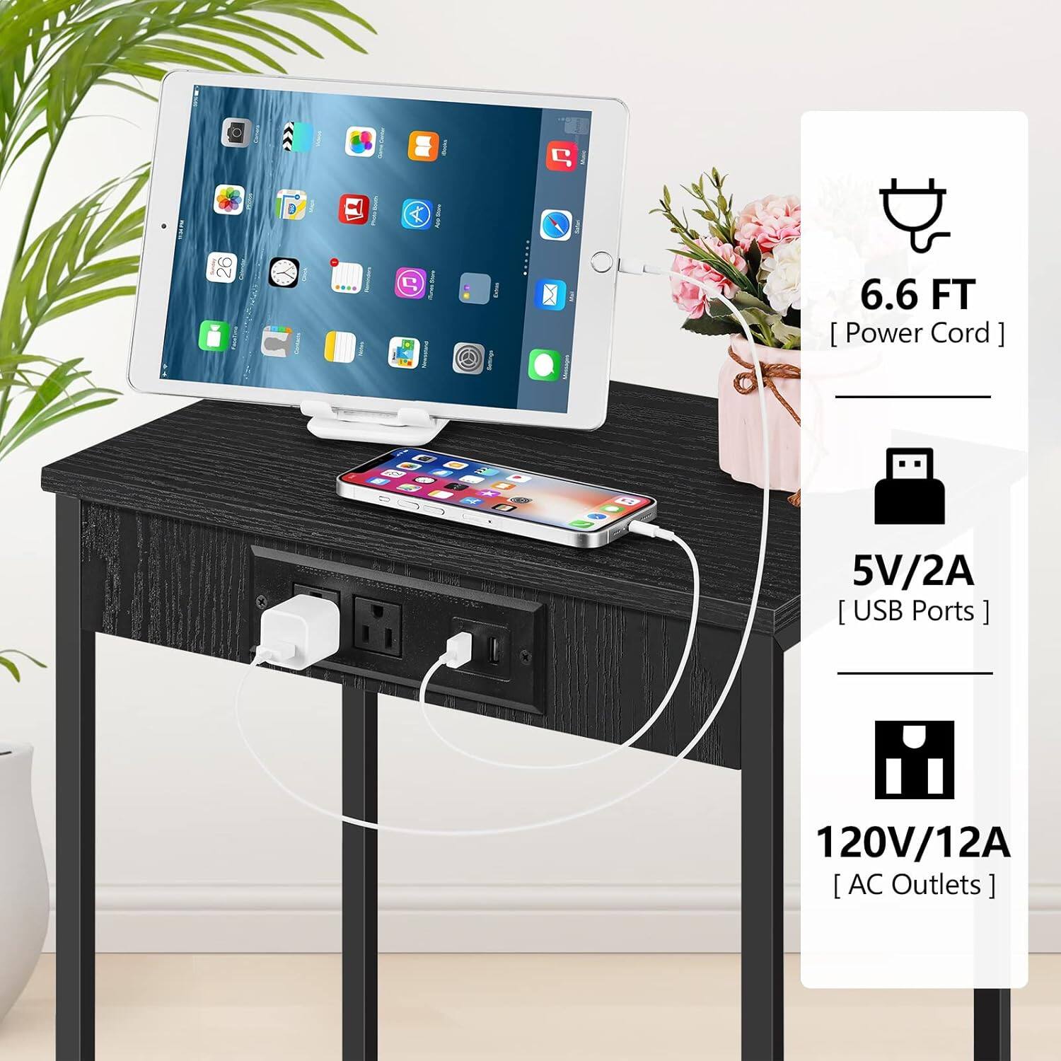 C | 26 D I 6.6 FT [Power Cord] 5V/2A [USB Ports] 120V/12A [AC Outlets]