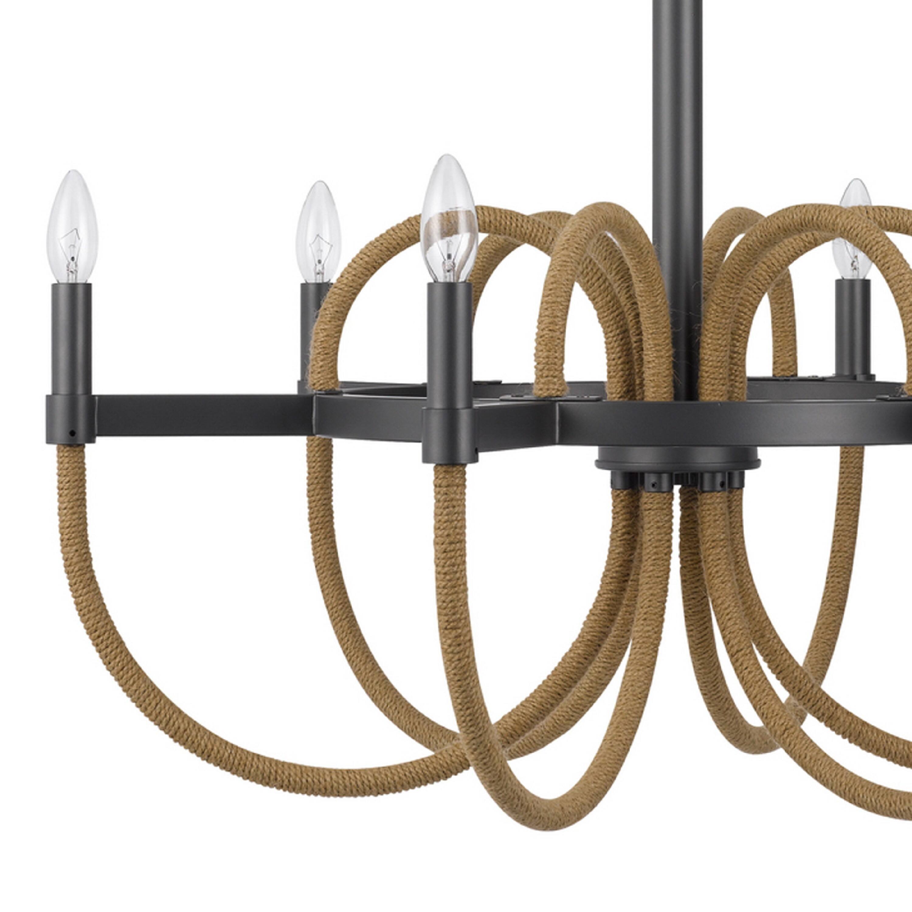 Alt View 2. Manhattan Lane - 6-Light Candelabra Chandelier with Burlap Rope, Black Metal, 31 Inch - Brown, Black.