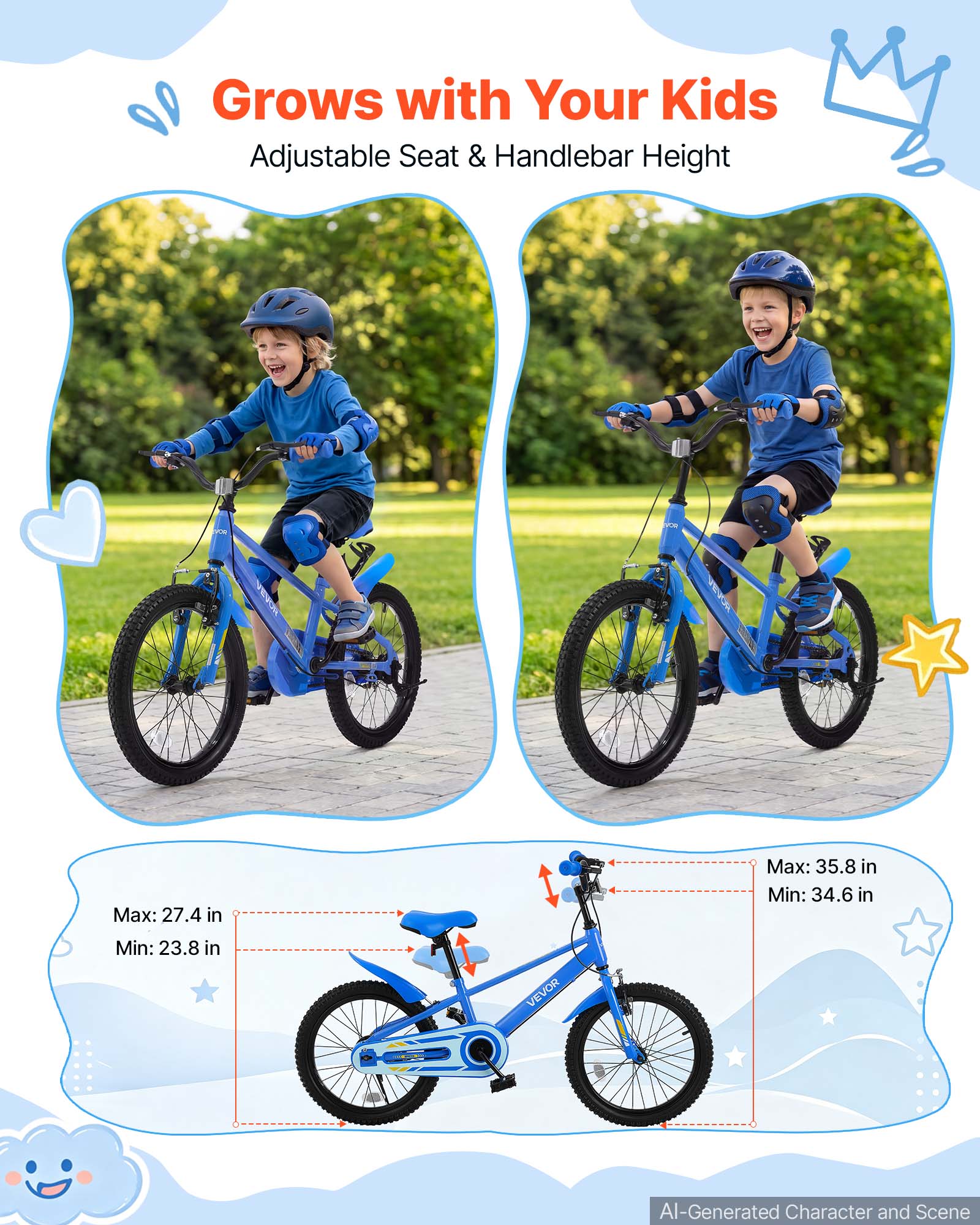 Grows with Your Kids  
Adjustable Seat & Handlebar Height  

Max: 27.4 in  
Min: 23.8 in  

Max: 35.8 in  
Min: 34.6 in  

VEVOR  

AI-Generated Character and Scene