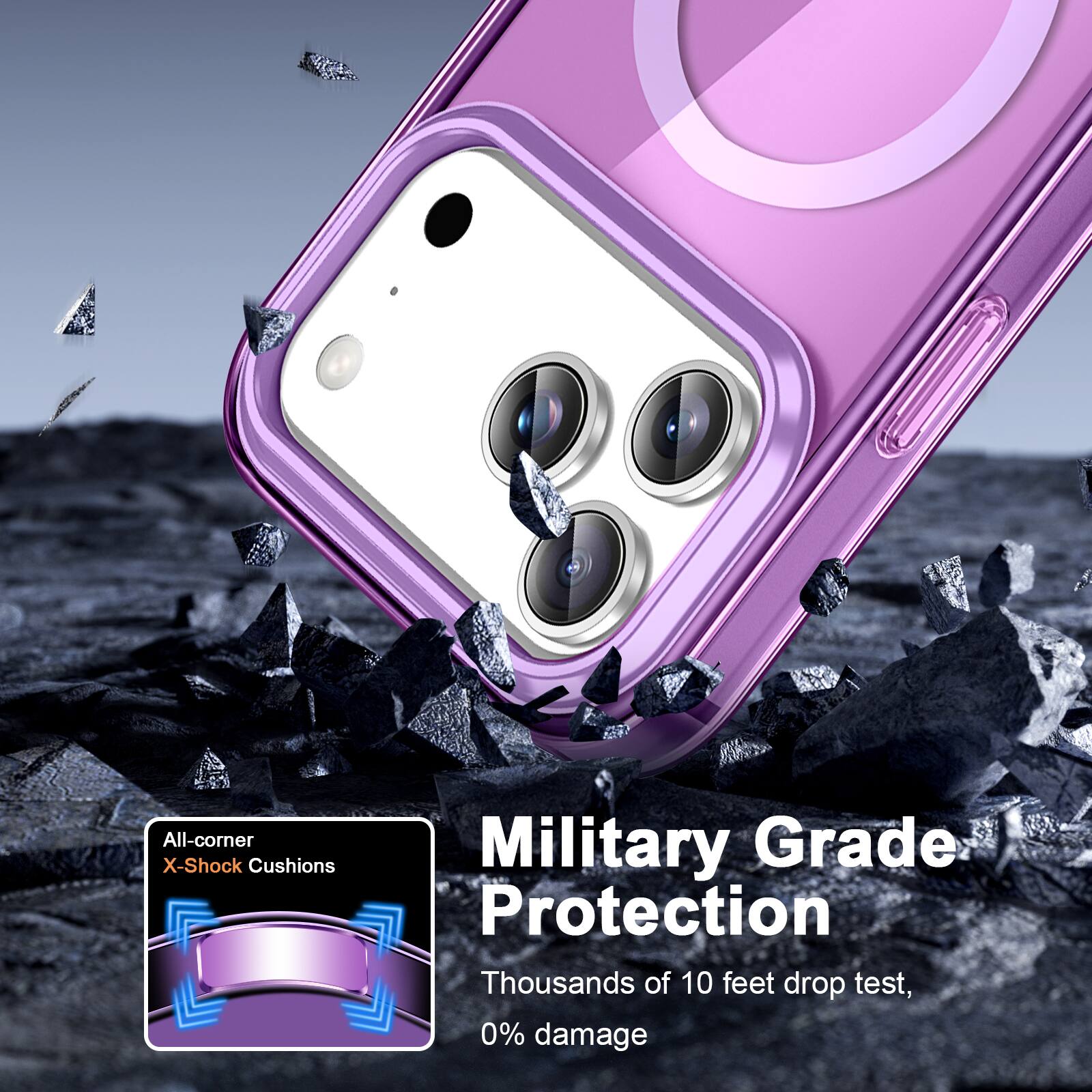 All-corner X-Shock Cushions  
Military Grade Protection  
Thousands of 10 feet drop test, 0% damage