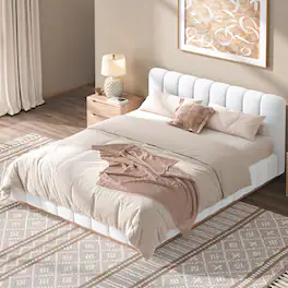 Whisen - Upholstered Platform Bed Frame, Low Profile Wood Base, No Box Spring Needed - White