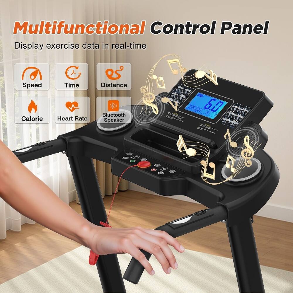 Multifunctional Control Panel Display exercise data in real-time Speed Time Distance Calorie Heart Rate Bluetooth Speaker
