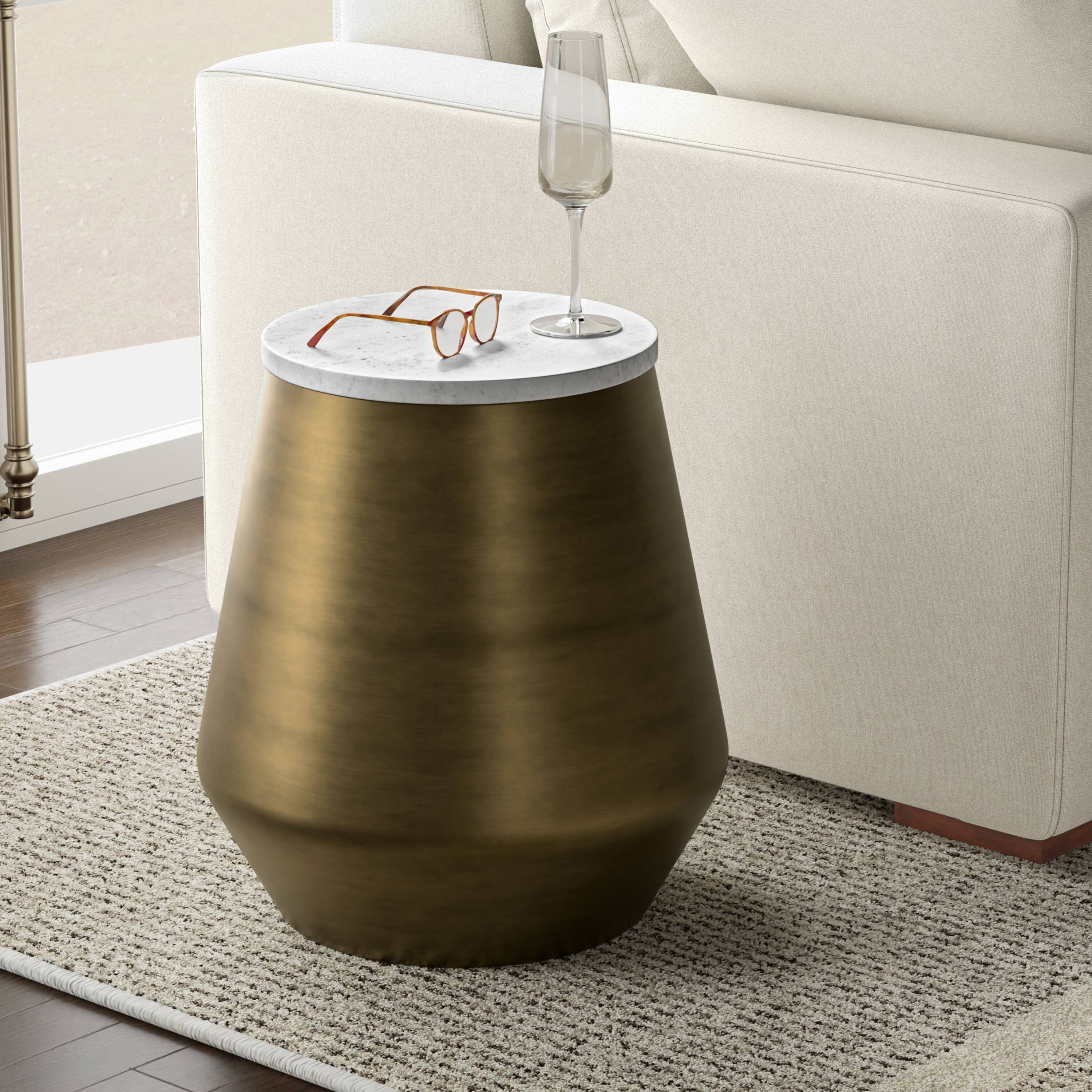 Angle. Simpli Home - Benning Modern Contemporary 16 inch Wide Metal Side Table in White /Antique Brass, Fully Assembled - White /Antique Brass.