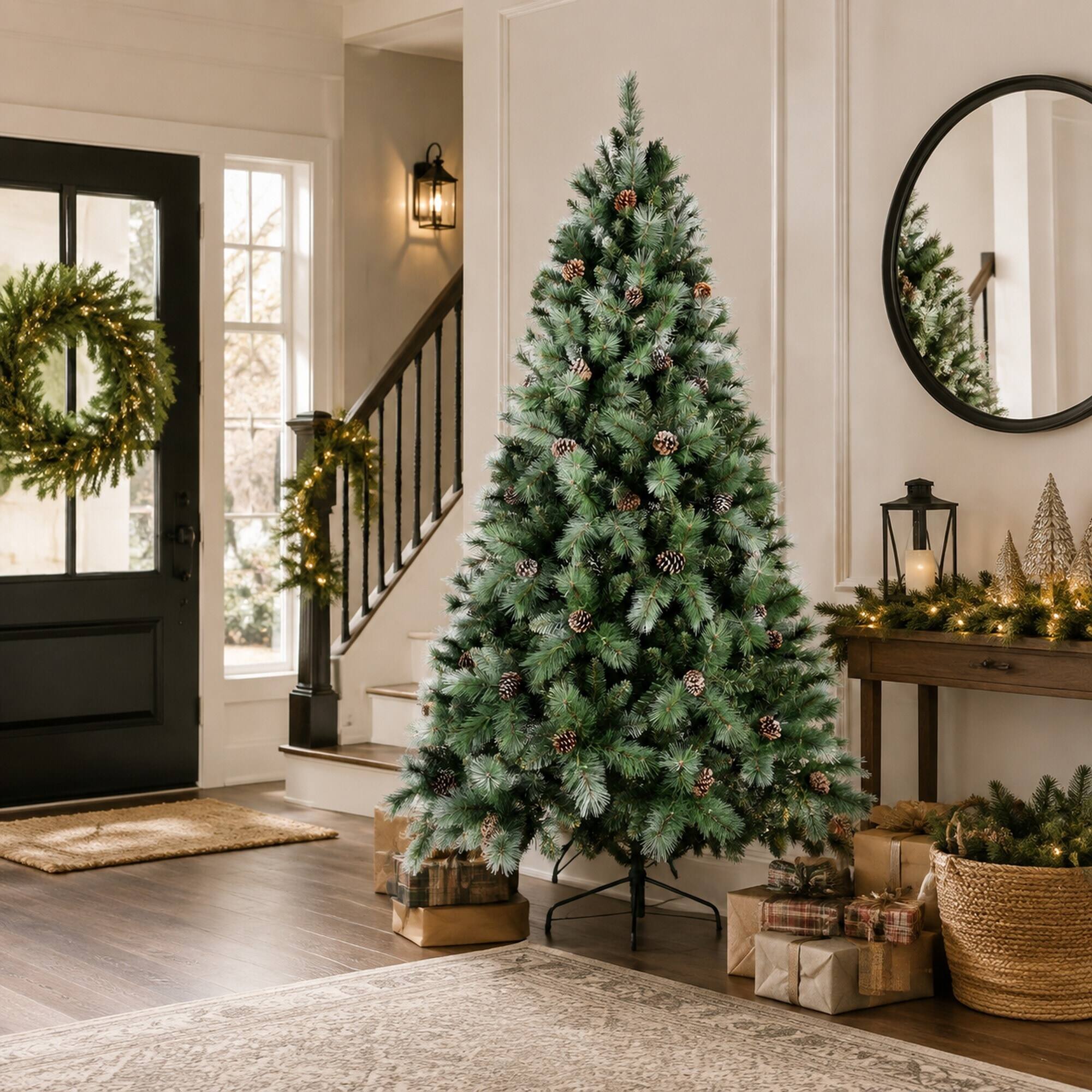 Alt View 1. RYHNUYNE - 6FT Christmas Tree With 66 Pine Cones, 988 Mixed PVC Hard Needle Branches Hinged Structure Sturdy Metal Stand - Green.