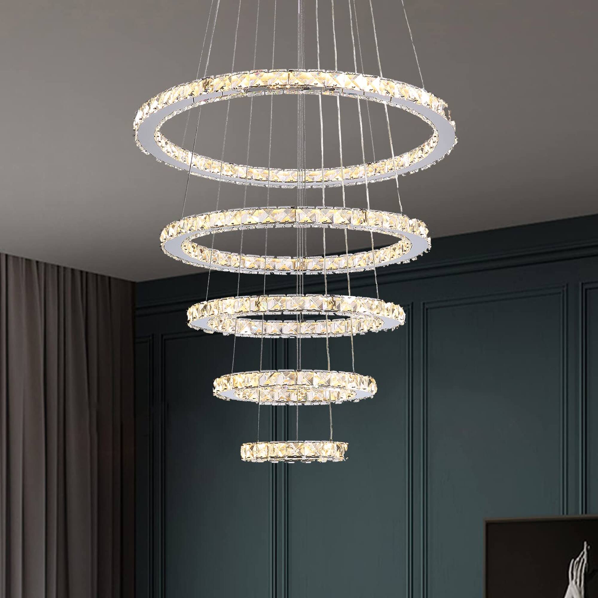 Alt View 2. Siljoy - 118" 5-Ring Modern Crystal LED Chandelier, 3 Color Temperature Adjustable Pendant Light for Foyer Staircase Living Room - Chrome.