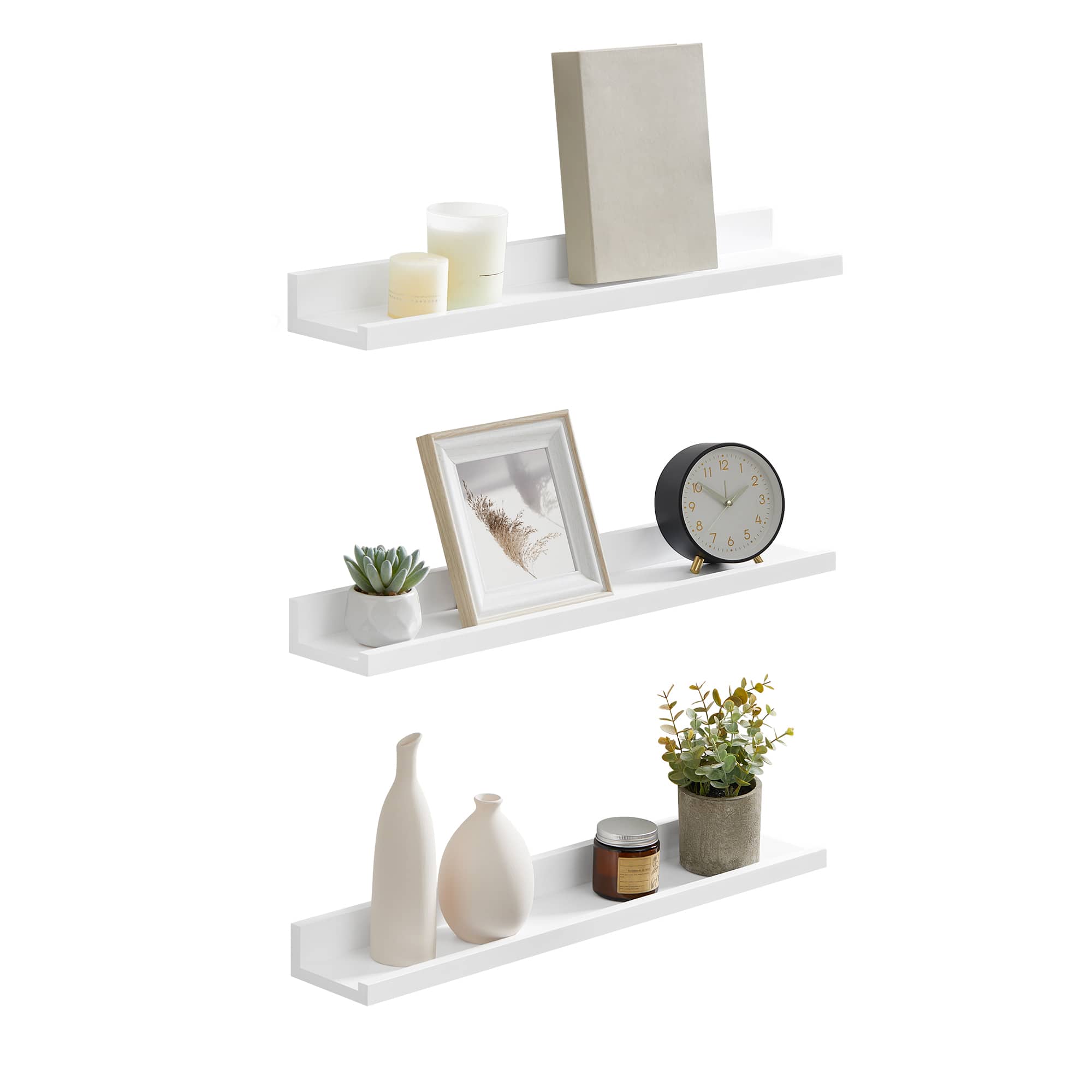 Songmics Home - Floating Shelves, Set of 3 Wall Shelves, 23.6-Inch Wide, for Photo Frames and Trinkets, for Living Room, Home Office - Matte White