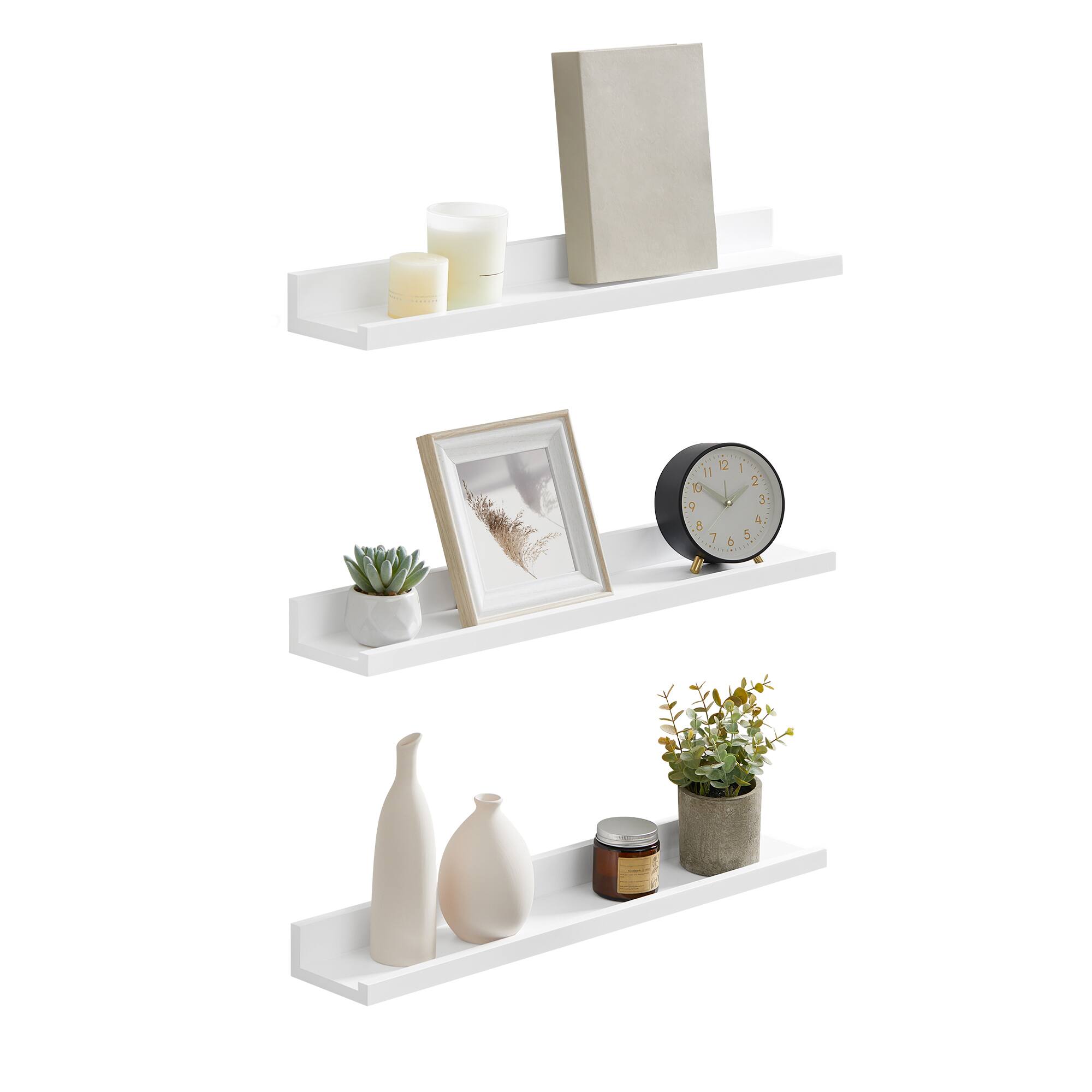 Front. Songmics Home - Floating Shelves, Set of 3 Wall Shelves, 23.6-Inch Wide, for Photo Frames and Trinkets, for Living Room, Home Office - Matte White.