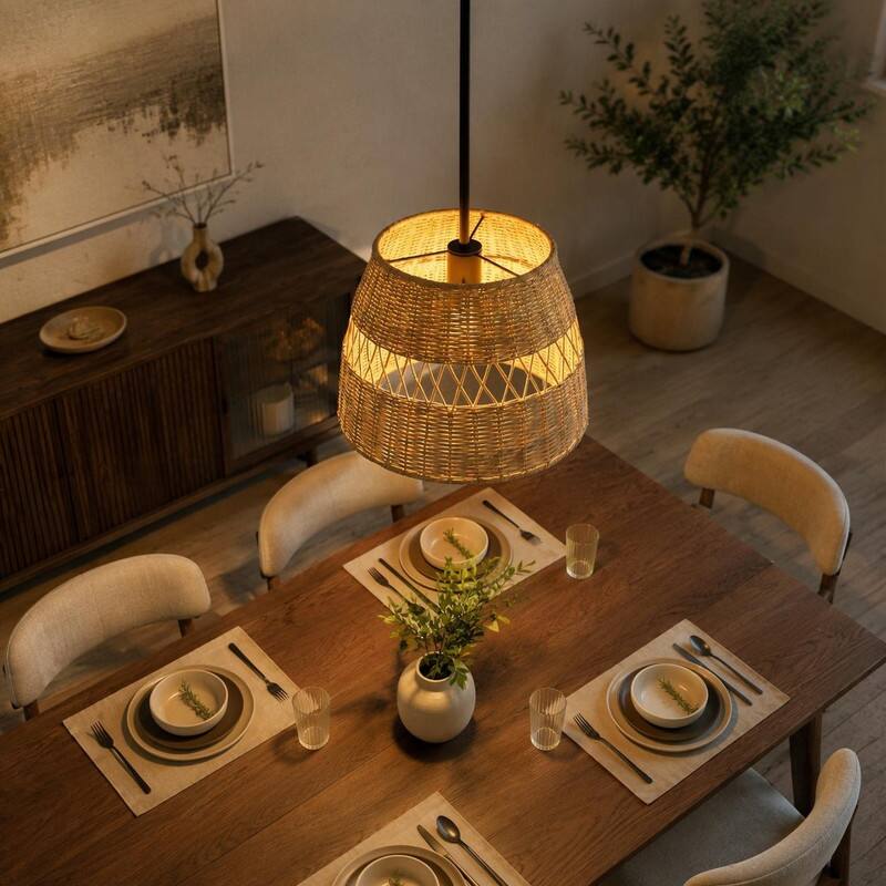 Back. RYHNUYNE - Boho Pendant Light,Drum Hanging Light,Farmhouse Ceiling Light for Dining Room Kitchen Island - Black.