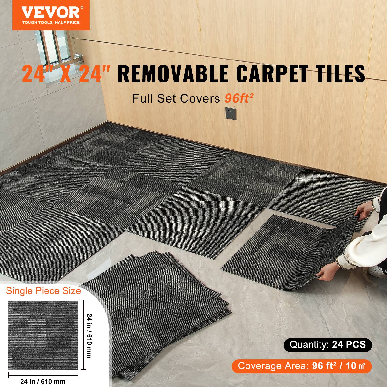 VEVOR  
TOUGH TOOLS, HALF PRICE  

24" X 24" REMOVABLE CARPET TILES  
Full Set Covers 96ft²  

Single Piece Size: 24 in / 610 mm  

Quantity: 24 PCS  

Coverage Area: 96 ft² / 10 m²