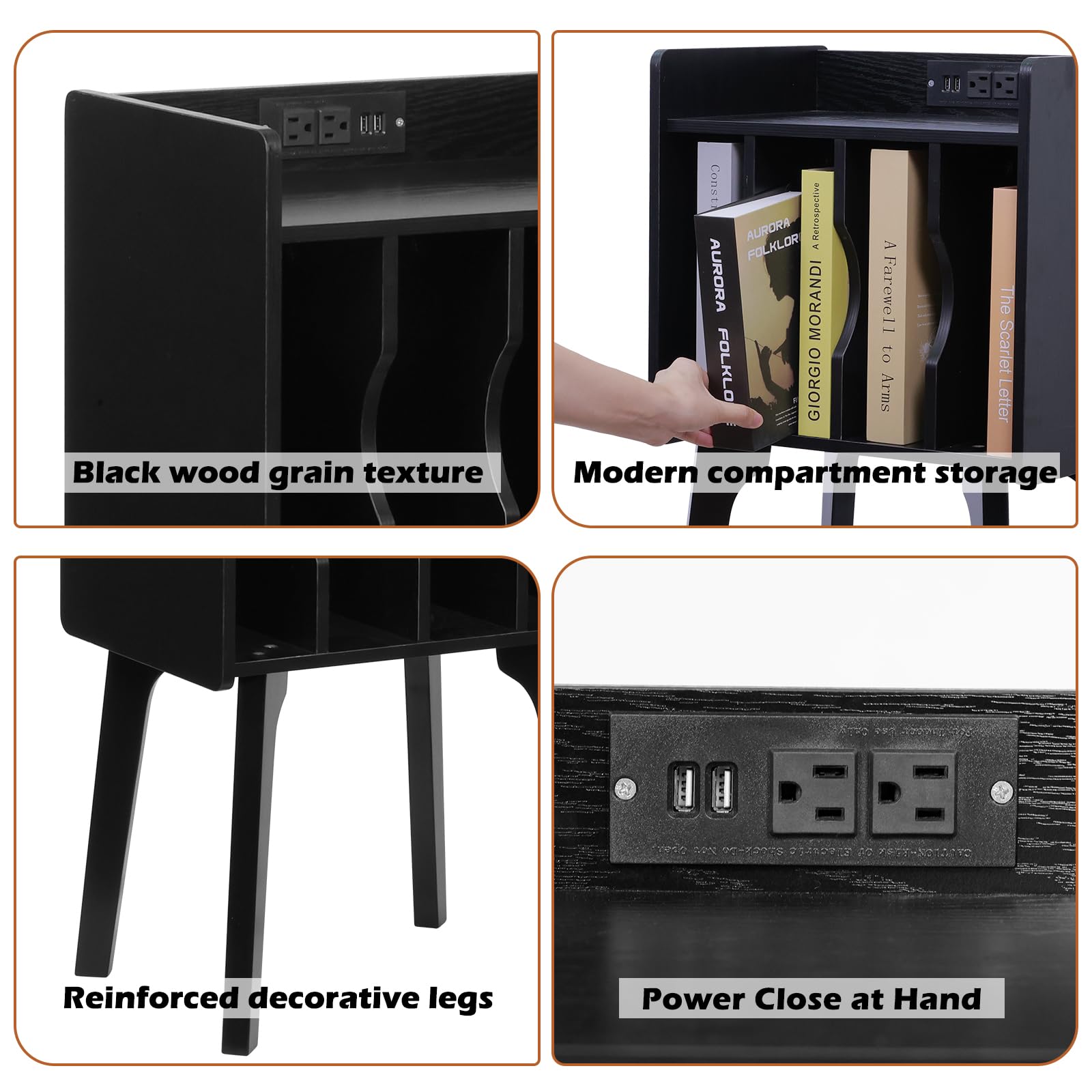 - Black wood grain texture
- Modern compartment storage
- Reinforced decorative legs
- Power Close at Hand