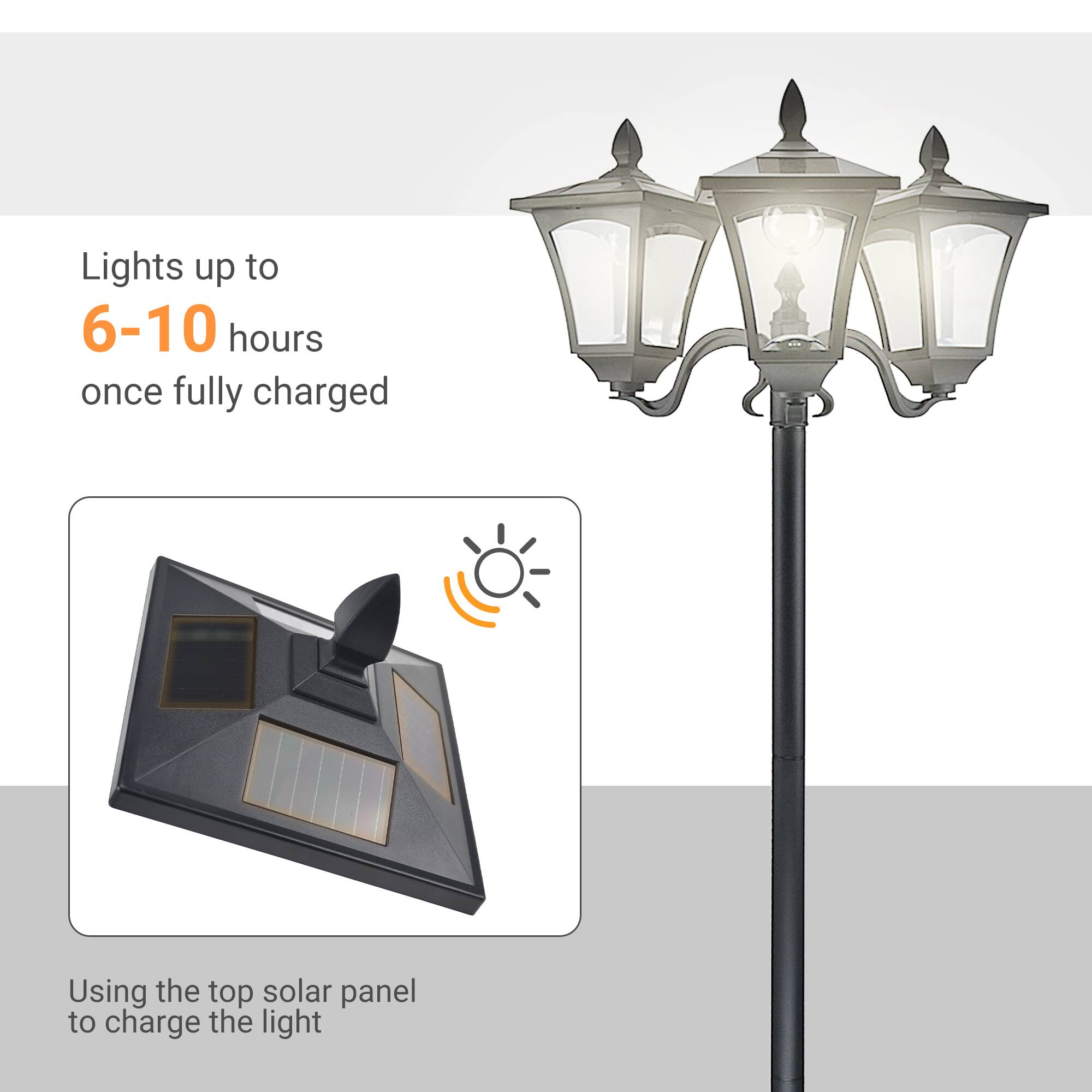 Lights up to 6-10 hours once fully charged

Using the top solar panel to charge the light