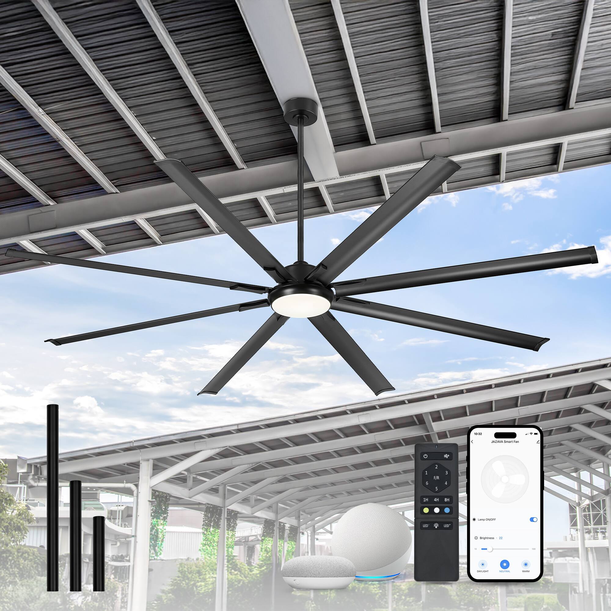 JAZAVA - Industrial Ceiling Fan With Light,96Inch Ceiling Fan ,Works with Alexa and Google Home - Black