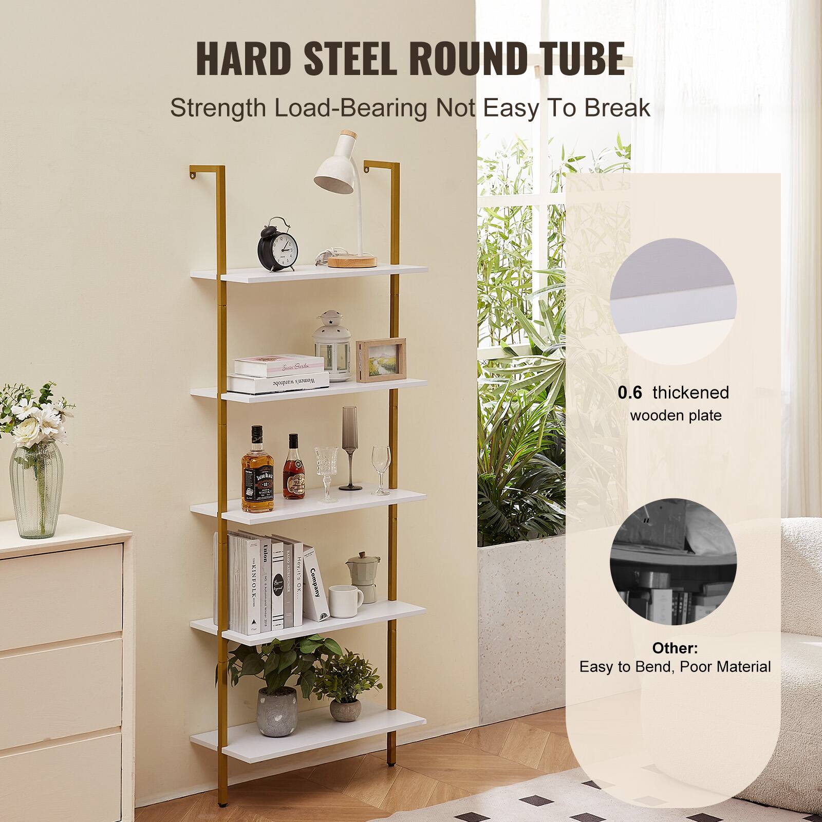 HARD STEEL ROUND TUBE  
Strength Load-Bearing Not Easy To Break  

0.6 thickened wooden plate  

Other: Easy to Bend, Poor Material