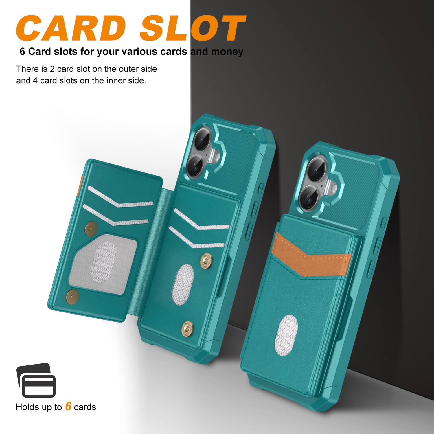 CARD SLOT  
6 Card slots for your various cards and money  
There is 2 card slot on the outer side and 4 card slots on the inner side.  
Holds up to 6 cards