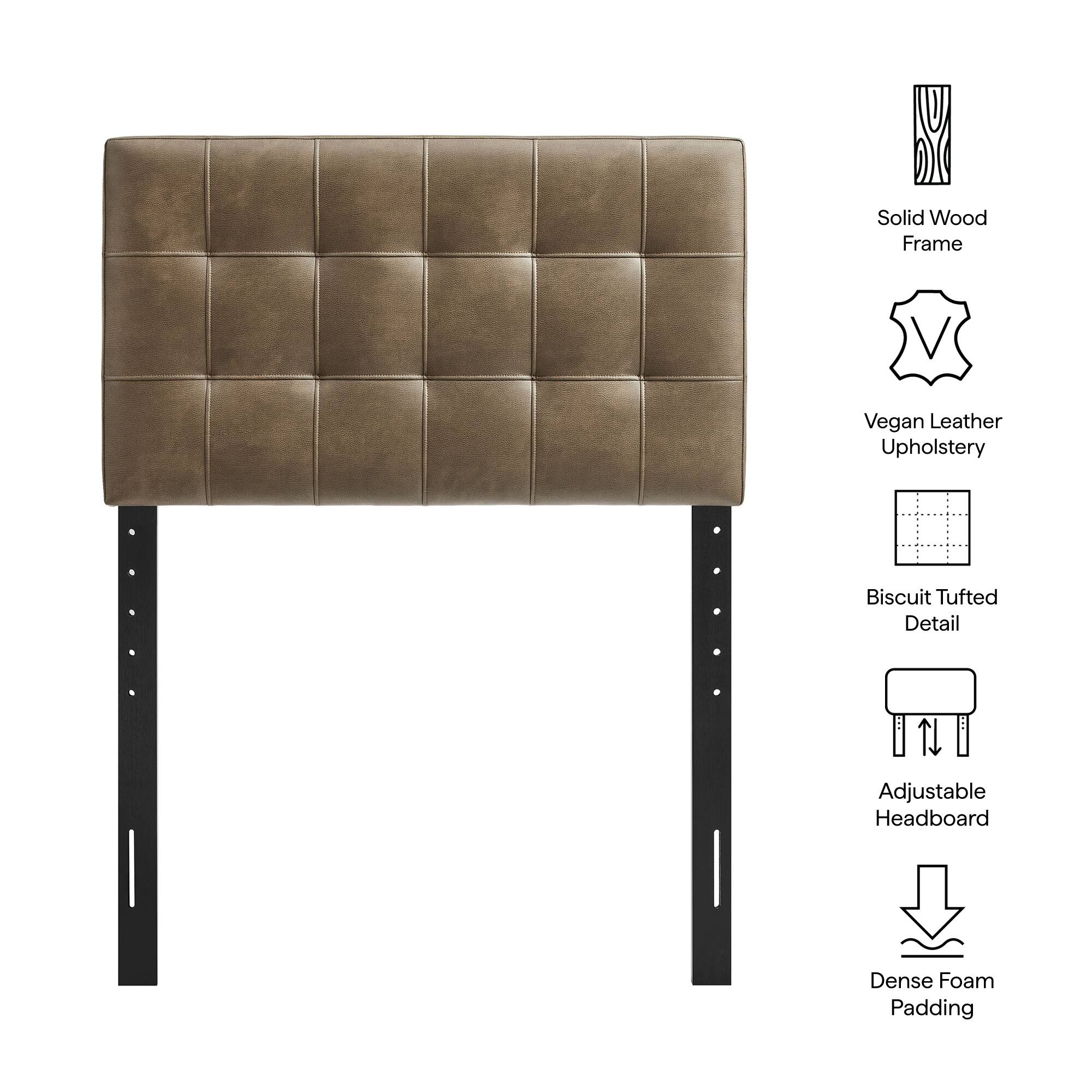 Solid Wood Frame  
Vegan Leather Upholstery  
Biscuit Tufted Detail  
Adjustable Headboard  
Dense Foam Padding
