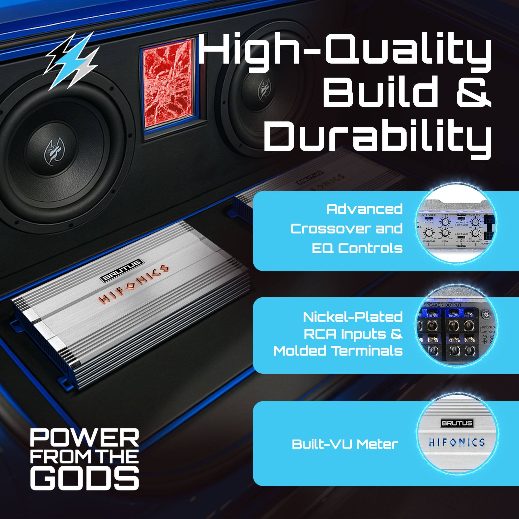 High-Quality Build & Durability

Advanced Crossover and EQ Controls

Nickel-Plated RCA Inputs & Molded Terminals

Built-VU Meter

POWER FROM THE GODS