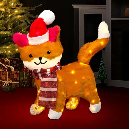 Front. Schertz - 18.5" Lighted Christmas Cat, Pre-Lit 3D Outdoor Holiday Decor with LEDs - Brown.