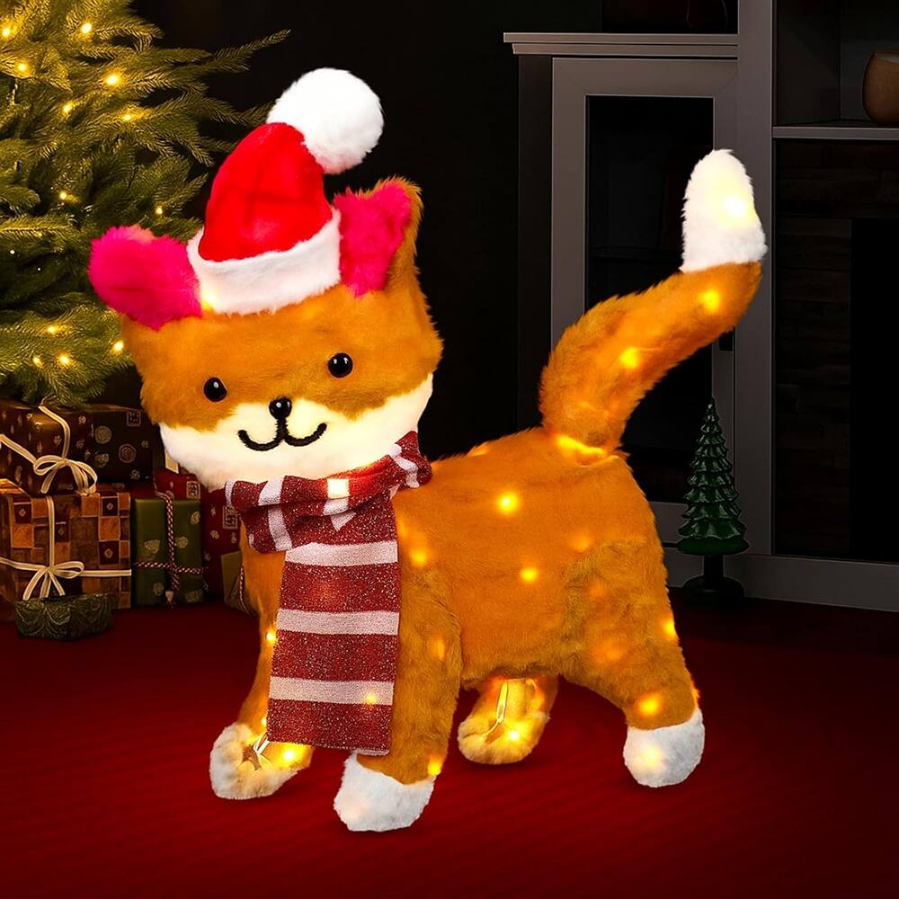 Front. Schertz - 18.5" Lighted Christmas Cat, Pre-Lit 3D Outdoor Holiday Decor with LEDs - Brown.