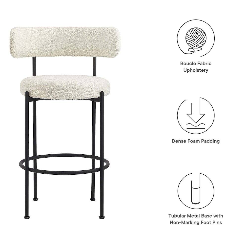 - Boucle Fabric Upholstery
- Dense Foam Padding
- Tubular Metal Base with Non-Marking Foot Pins