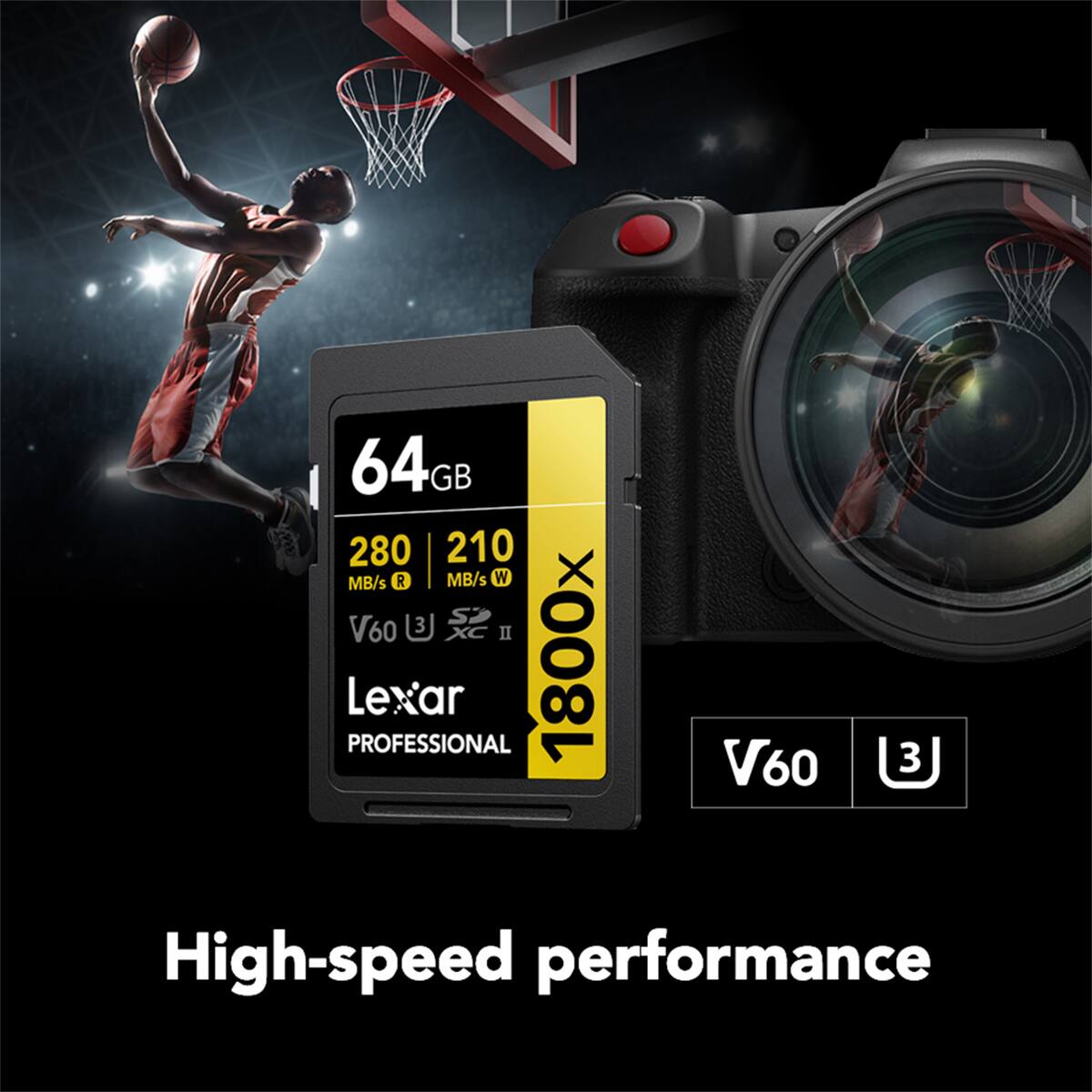 64GB 280 MB/s R 210 MB/s W V60 U3 XC II Lexar PROFESSIONAL 1800x High-speed performance