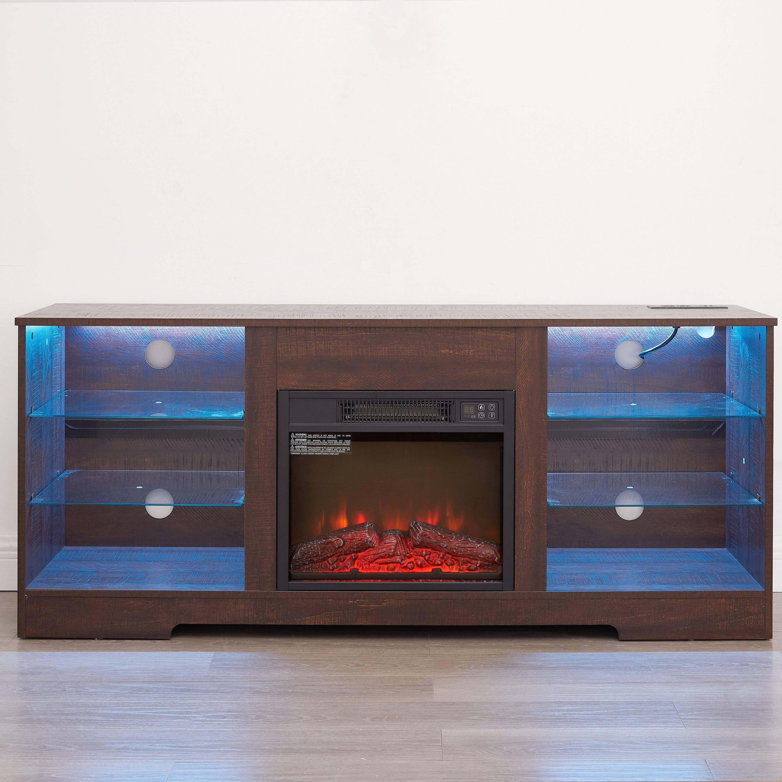 Alt View 7. Whisen - 58" Electric Fireplace TV Stand with Glass Shelves, LED Lights, Power Outlets for TVs up to 62" - Espresso|Black.