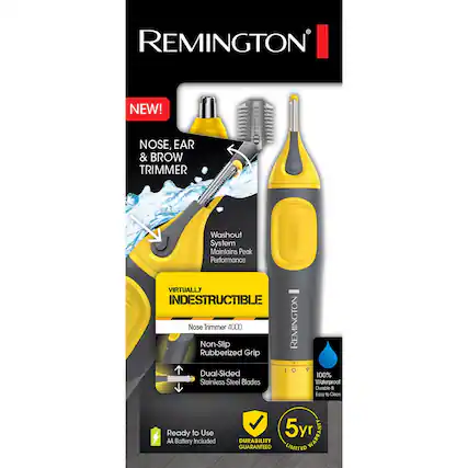 REMINGTON NEW! NOSE, EAR & BROW TRIMMER
Washout System Maintains Peak Performance
VIRTUALLY INDESTRUCTIBLE
Nose Non-Slip Trimmer 4000
REMINGTON Rubberized Grip
Dual-Sided 100% Stainless Steel Blades
Waterproof
Durable & Easy to Clean
Ready to Use
AA Battery Included
5yr WARRANTY
DURABILITY GUARANTEED
LIMITED