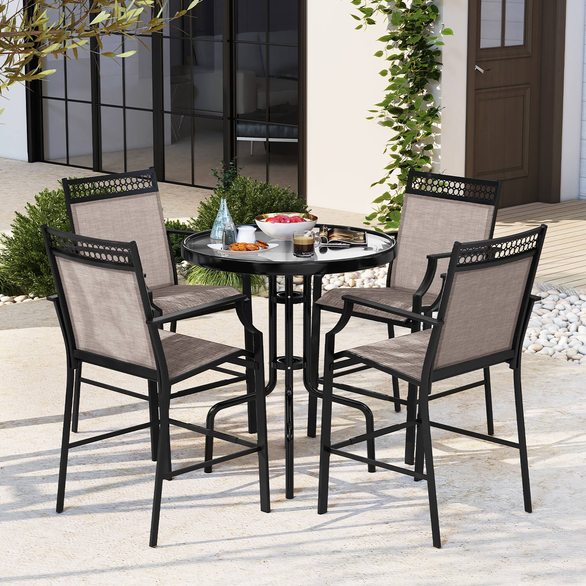 Alt View 4. Gymax - Gymax Outdoor Counter Stools Set of 4 w/ Footrest & Armrests Heavy-Duty for Backyard - Coffee.