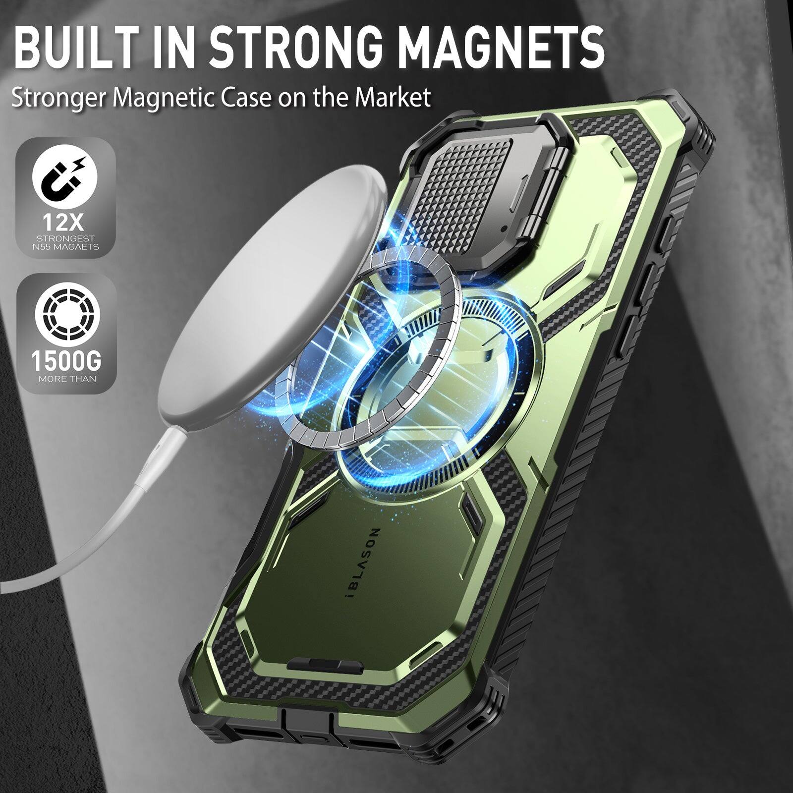 BUILT IN STRONG MAGNETS  
Stronger Magnetic Case on the Market  

12X STRONGEST N55 MAGNETS  
1500G MORE THAN iBLASON