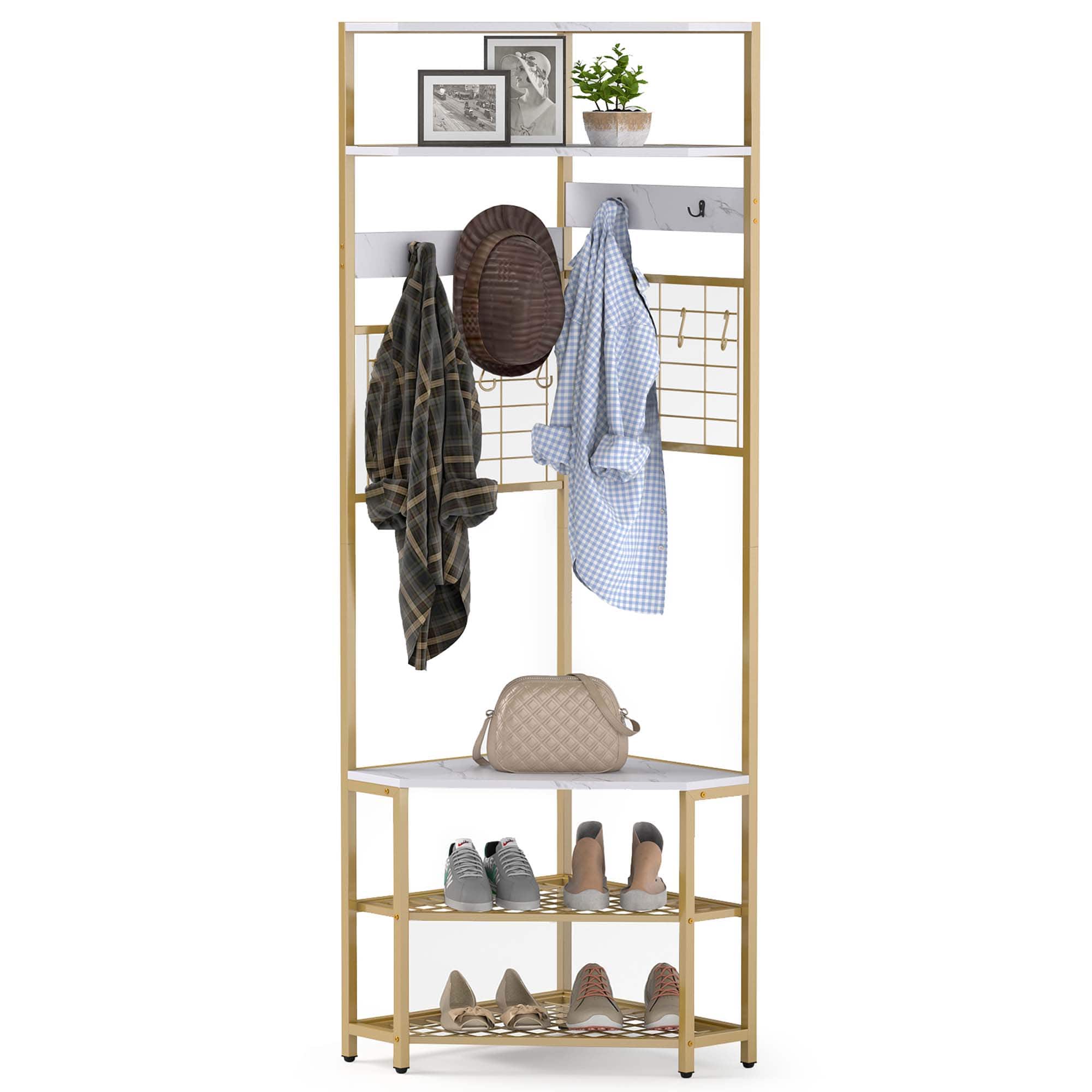 Gymax - 5-Tier Corner Hall Tree w/ Shoe Storage Bench 12 Metal Hooks for Living Room White & Gold - White, Gold
