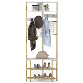 Gymax - 5-Tier Corner Hall Tree w/ Shoe Storage Bench 12 Metal Hooks for Living Room White & Gold - White, Gold