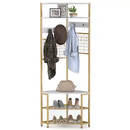 Front. Gymax - Gymax 5-Tier Corner Hall Tree w/ Shoe Storage Bench 12 Metal Hooks for Living Room White & Gold - White, Gold.