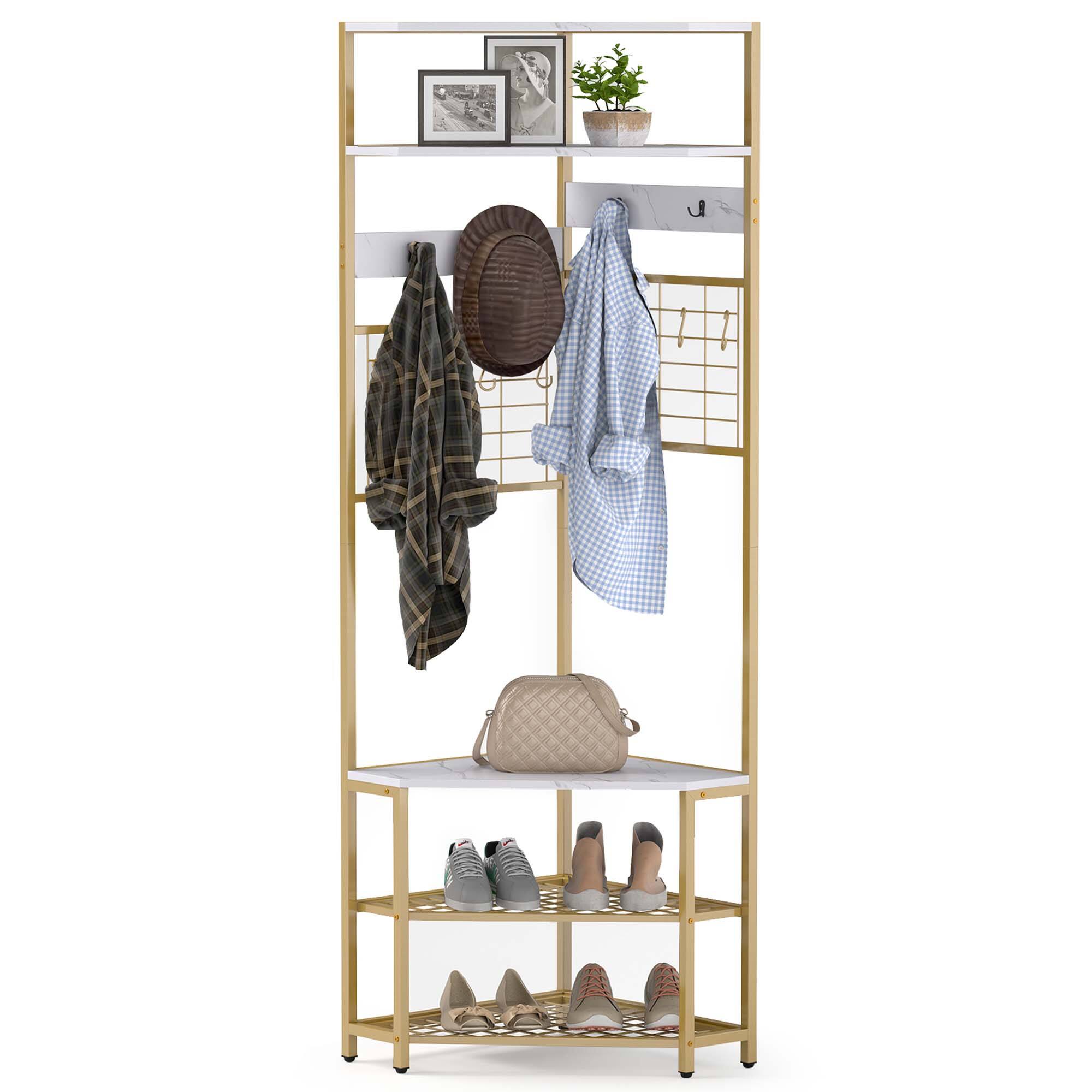 Front. Gymax - Gymax 5-Tier Corner Hall Tree w/ Shoe Storage Bench 12 Metal Hooks for Living Room White & Gold - White, Gold.