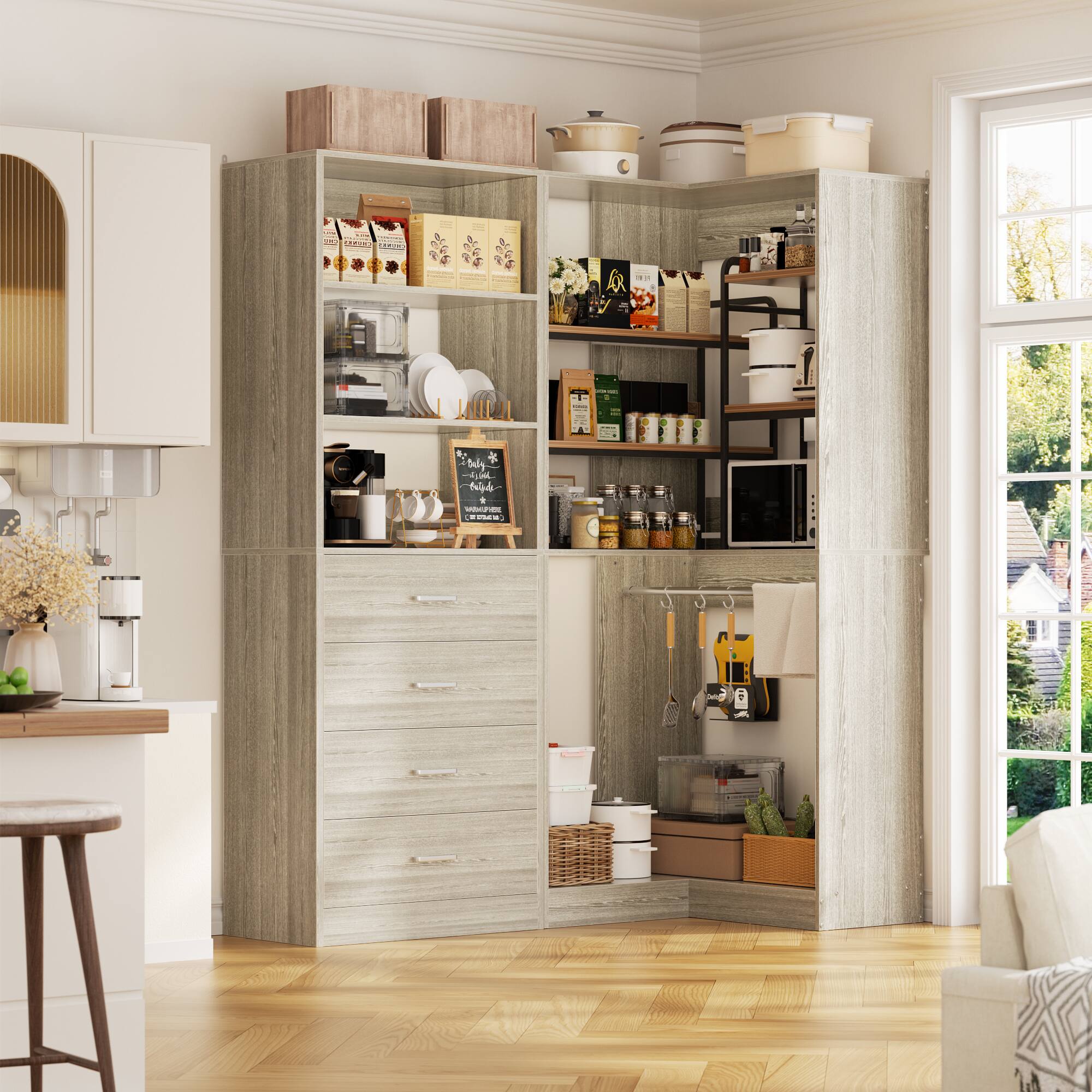 Alt View 3. Aheaplus - 4.4FT Closet Organizer System 2-Piece Set with 4 Drawers, 2 Hanging Rods and Storage Shelves, 52.8'' L x 31.5'' W - Beige Oak.