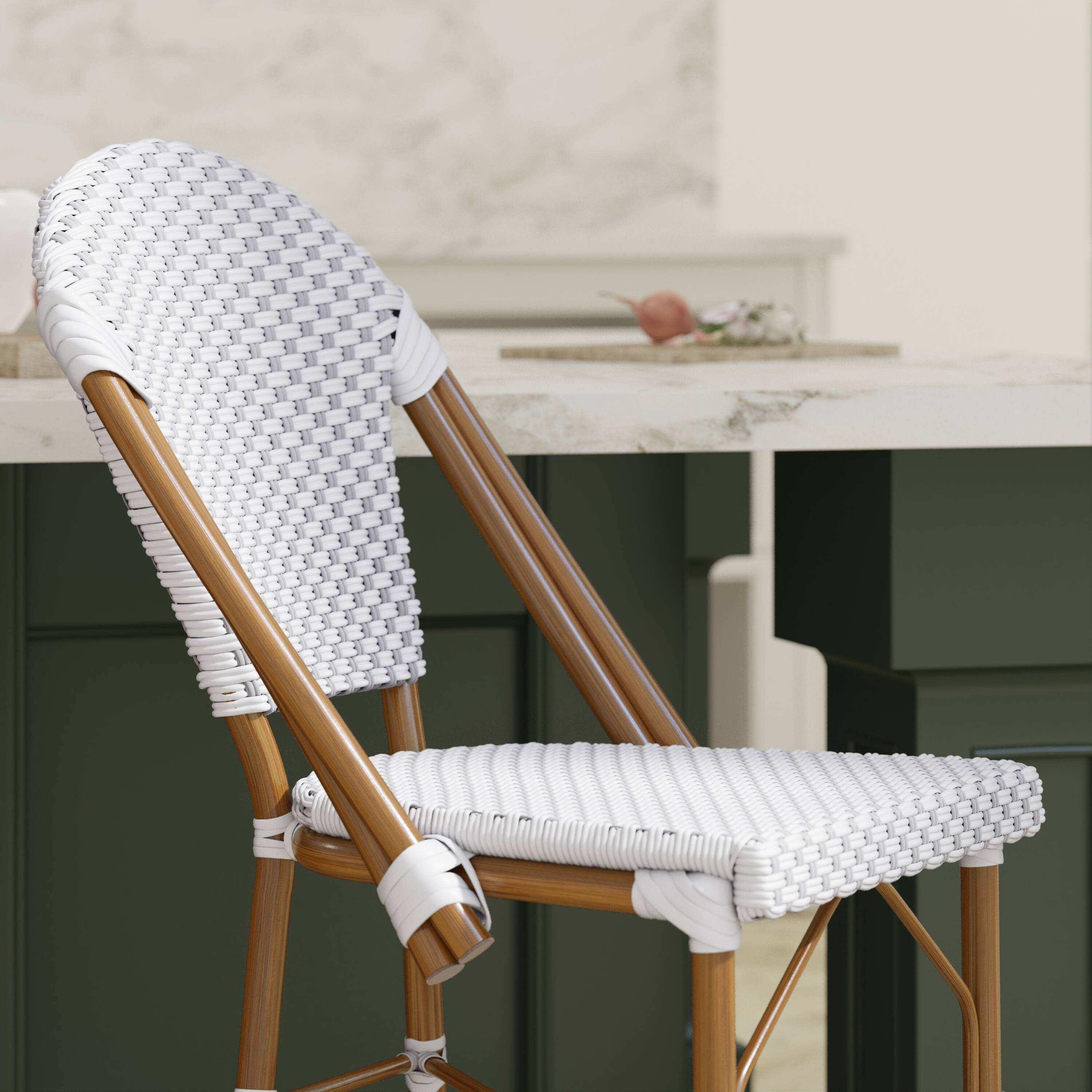 Alt View 4. Emma + Oliver - Colmar Set of Two Indoor/Outdoor 26" High Stacking Bistro Counter Stools with Patterned Seat and Back and Metal Frames - White & Gray/Natural Frame.