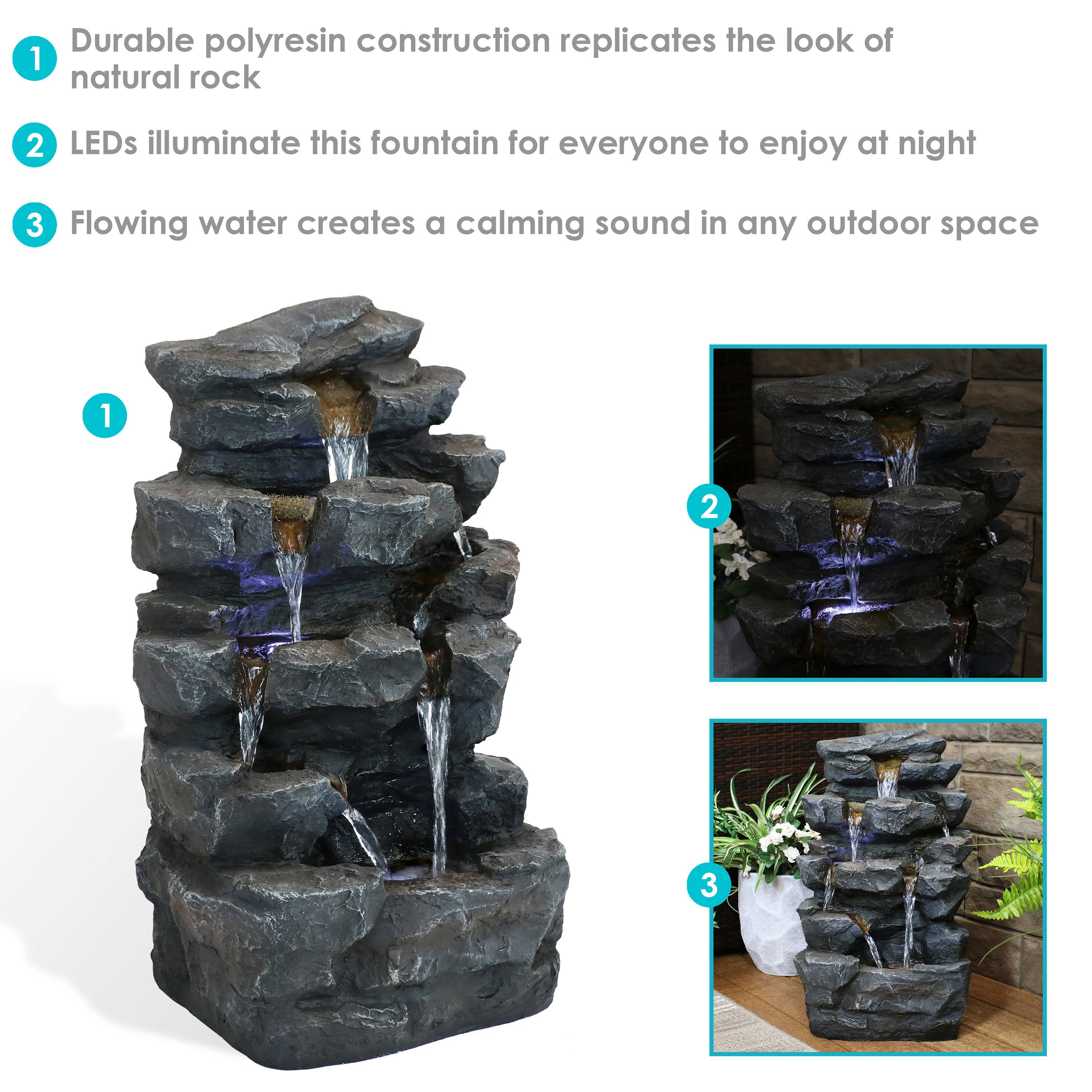 1. Durable polyresin construction replicates the look of natural rock

2. LEDs illuminate this fountain for everyone to enjoy at night

3. Flowing water creates a calming sound in any outdoor space
